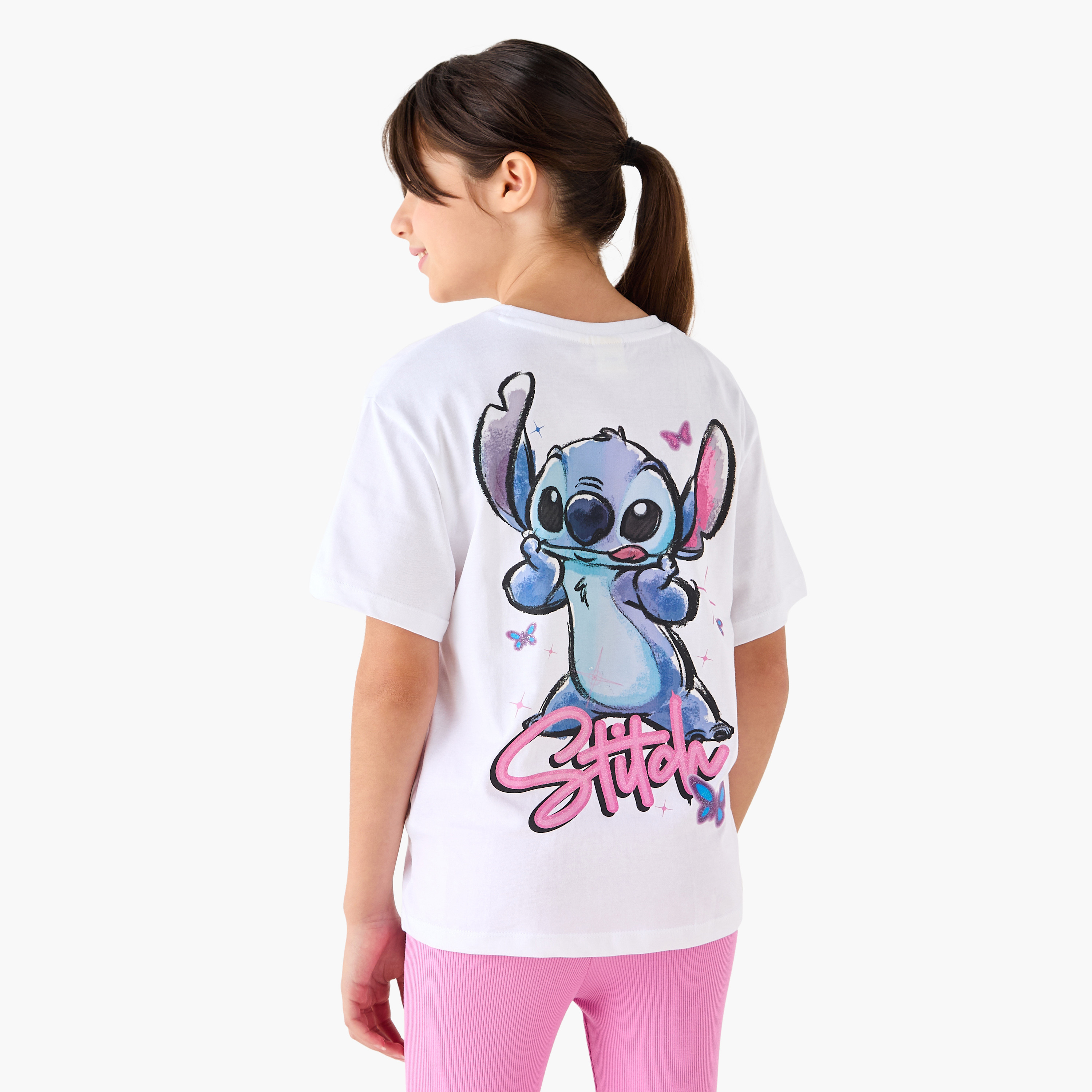 Disney Stitch Print T-Shirt with Short Sleeves-girls-clothing-tshirts-image-3