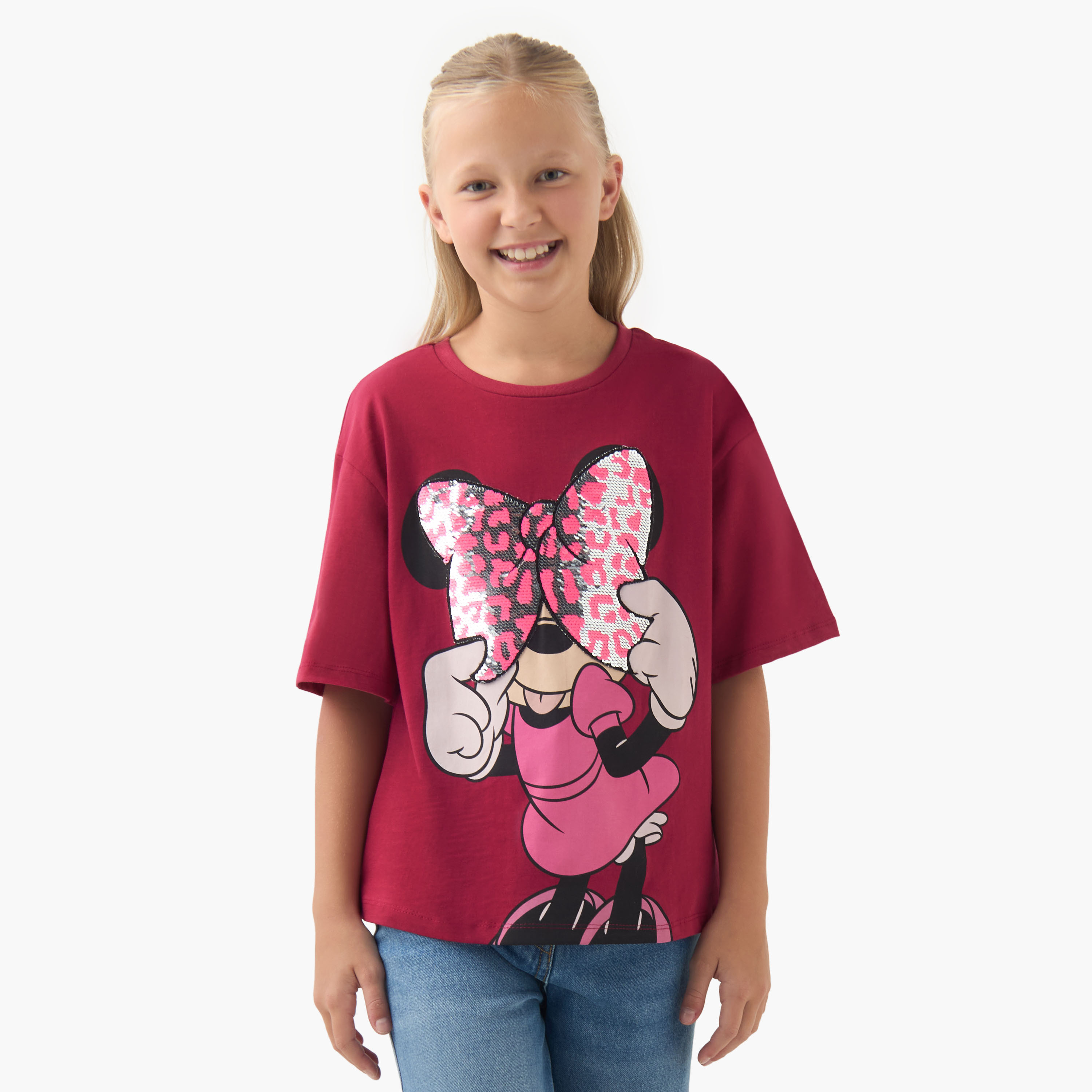Disney Girls' Crew Neck T-shirt with Minnie Mouse Sequin Detail - Short Sleeves-girls-clothing-tshirts-image-1