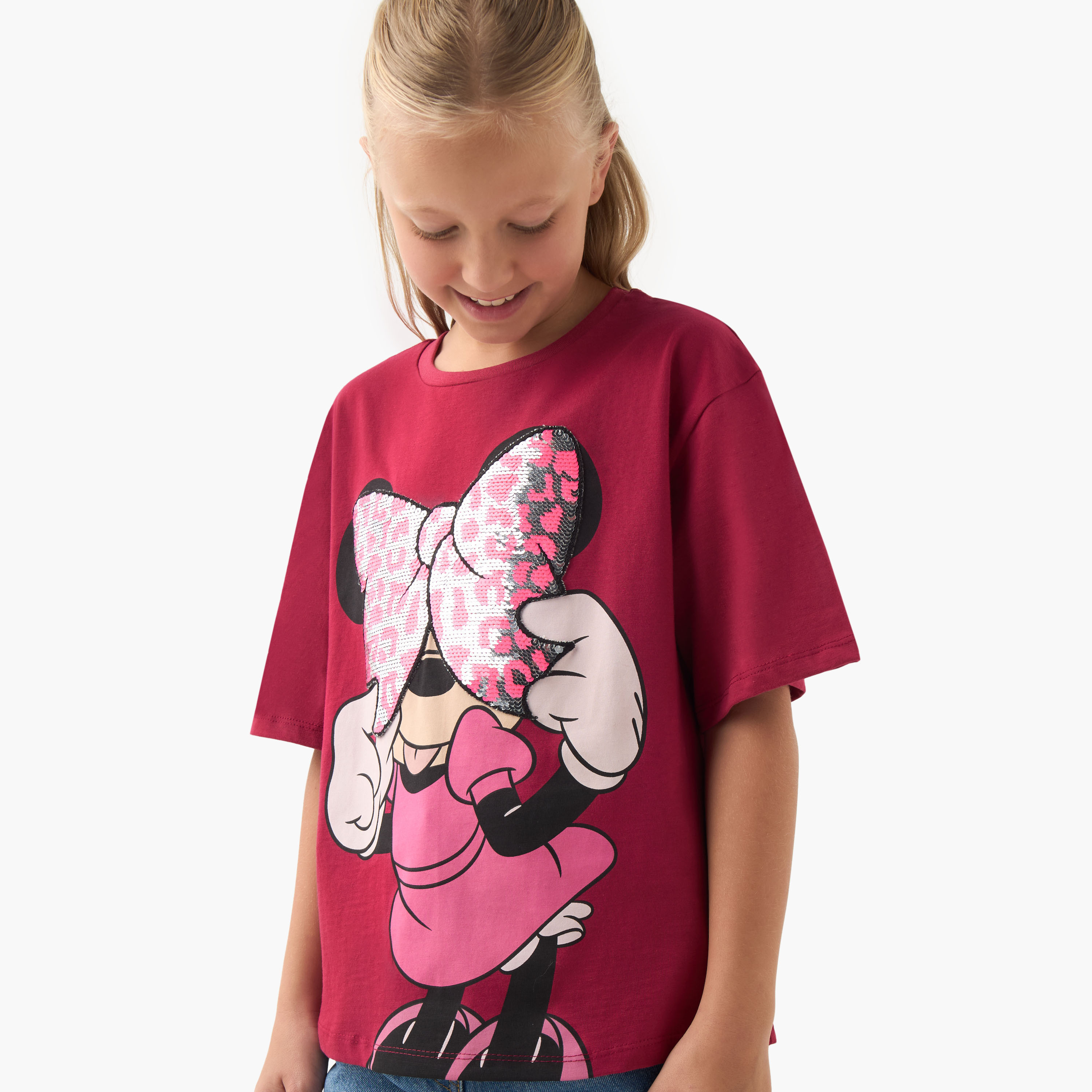 Disney Girls' Crew Neck T-shirt with Minnie Mouse Sequin Detail - Short Sleeves-girls-clothing-tshirts-image-4