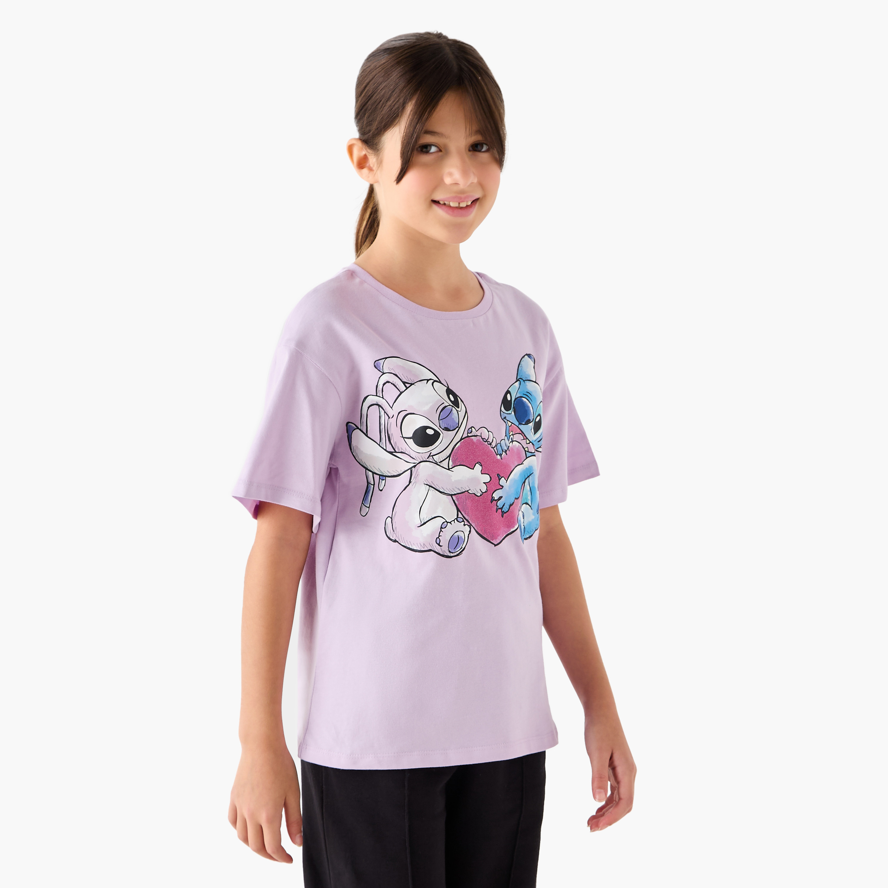 Disney Stitch and Angel Print T-Shirt with Short Sleeves-girls-clothing-tshirts-image-1