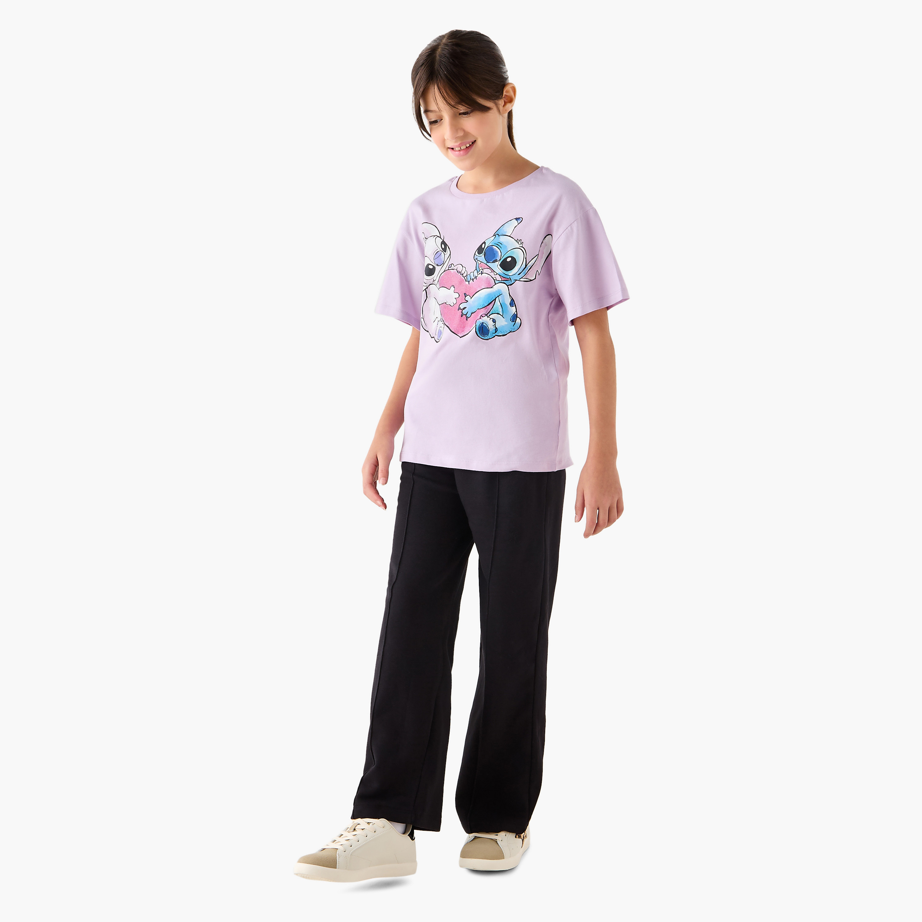 Disney Stitch and Angel Print T-Shirt with Short Sleeves-girls-clothing-tshirts-image-2