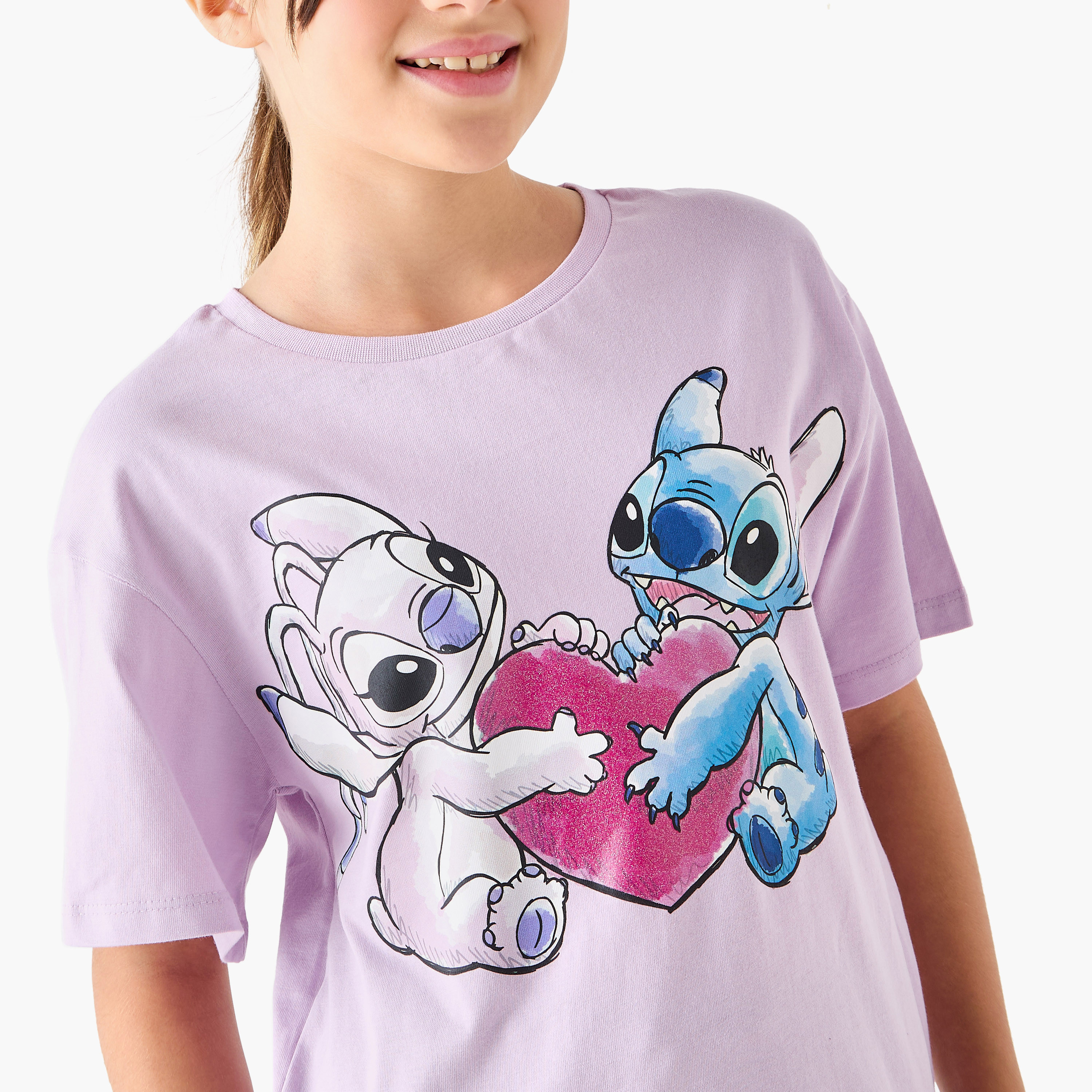 Disney Stitch and Angel Print T-Shirt with Short Sleeves-girls-clothing-tshirts-image-4
