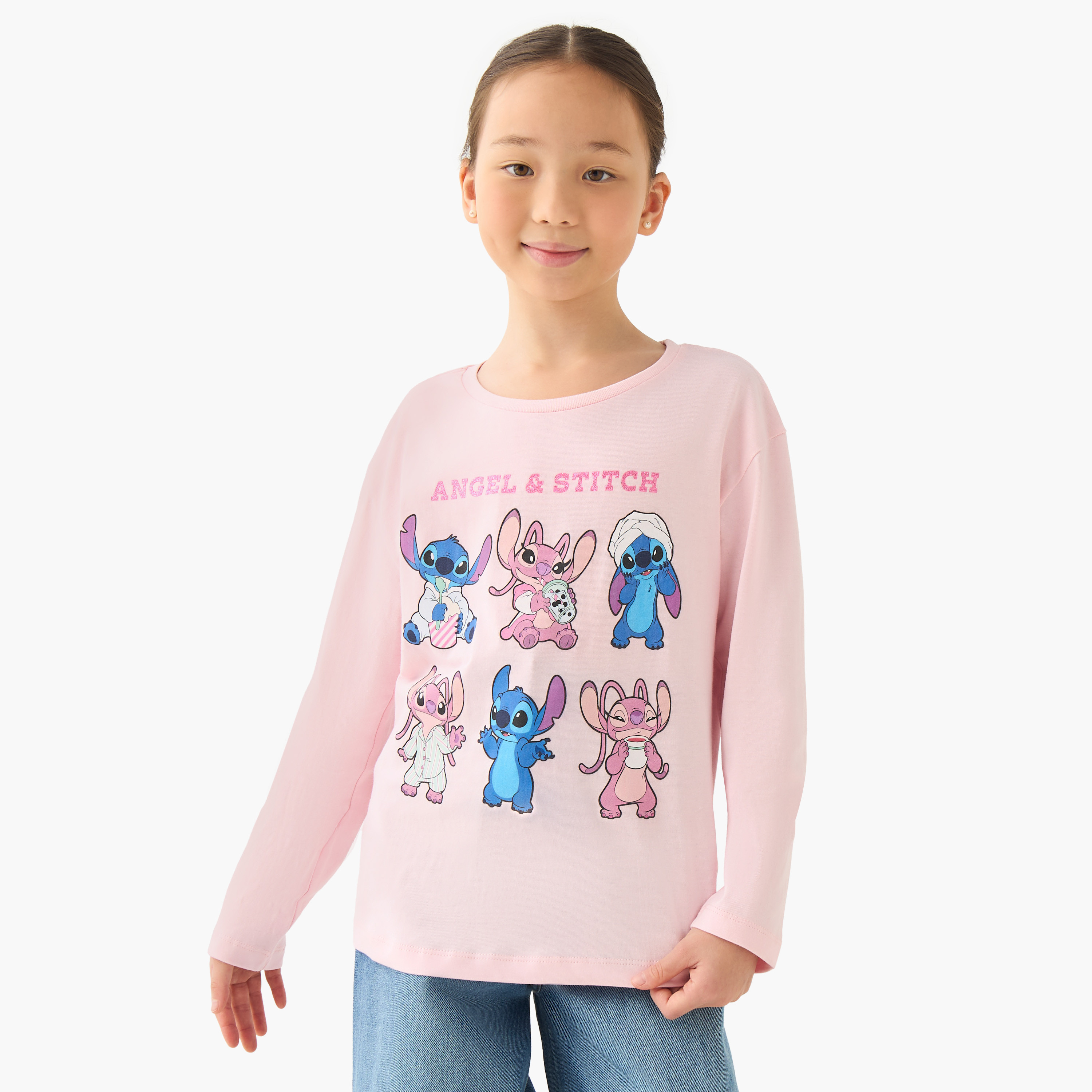 Disney Girls Crew Neck T-shirt with Angel and Stitch Print - Cotton - Long Sleeves-girls-clothing-tshirts-image-1
