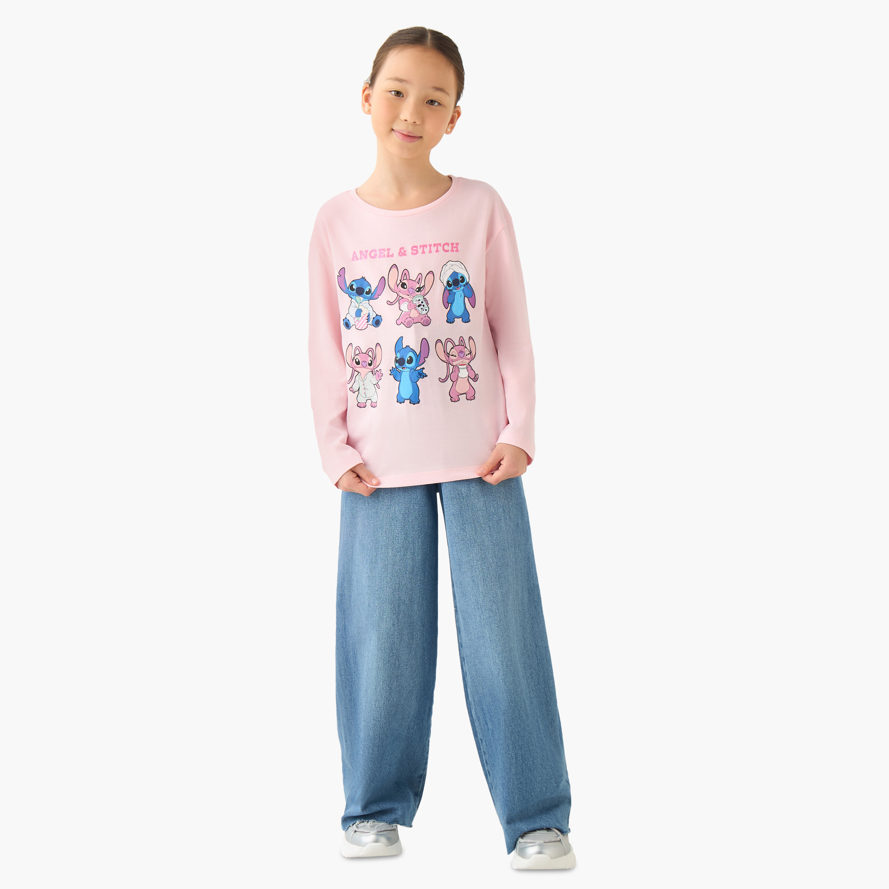 Disney Girls Crew Neck T-shirt with Angel and Stitch Print - Cotton - Long Sleeves-girls-clothing-tshirts-image-2