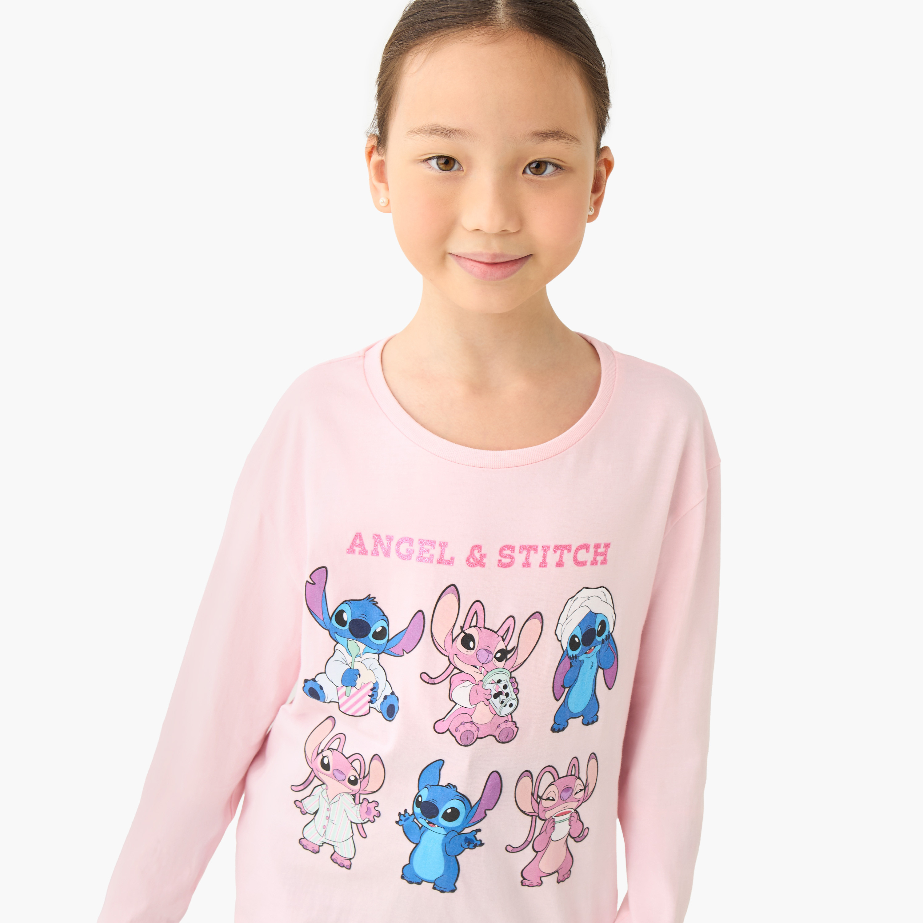 Disney Girls Crew Neck T-shirt with Angel and Stitch Print - Cotton - Long Sleeves-girls-clothing-tshirts-image-4