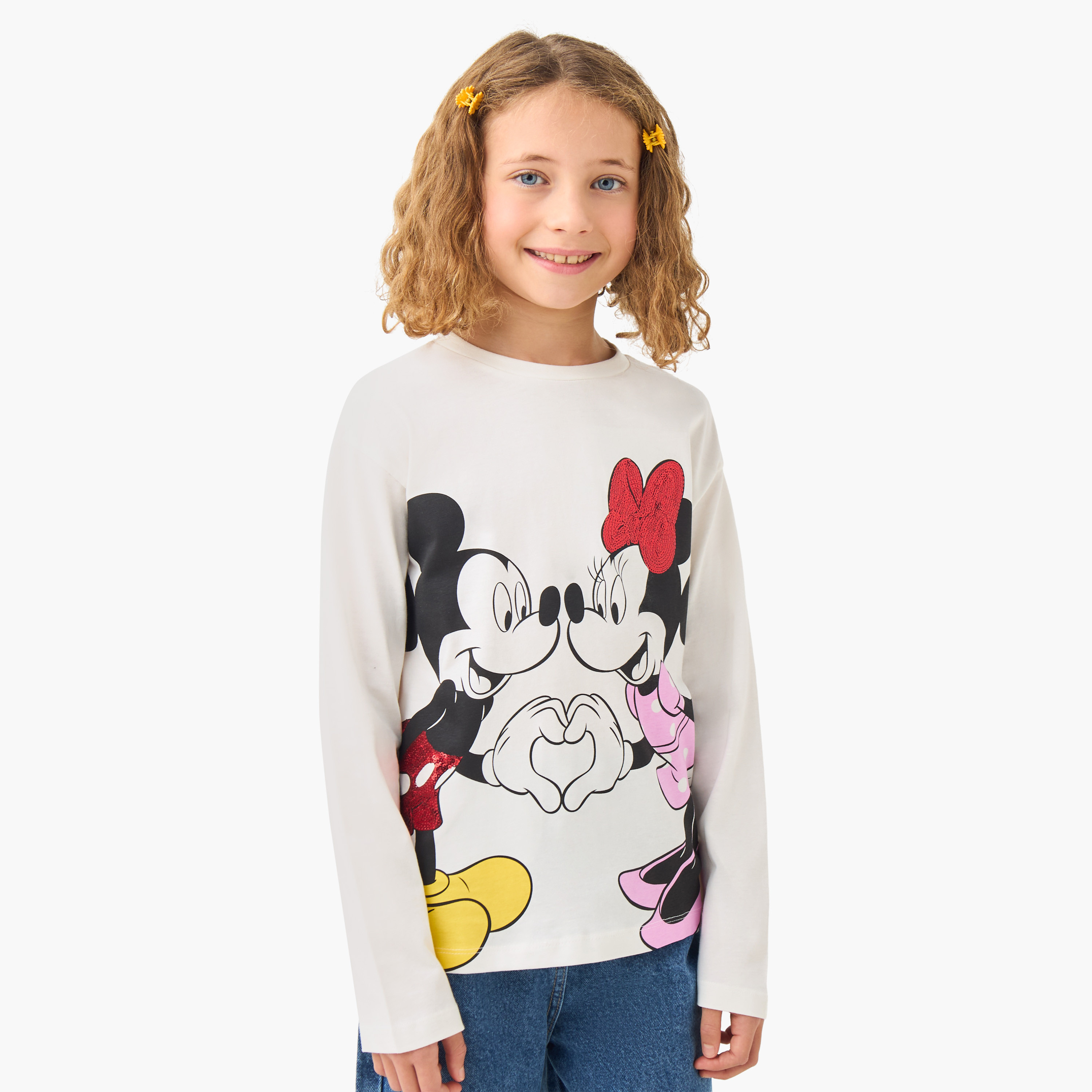 Disney Girls Crew Neck T-shirt with Mickey and Minnie Mouse Print - Cotton - Long Sleeves-girls-clothing-tshirts-image-1