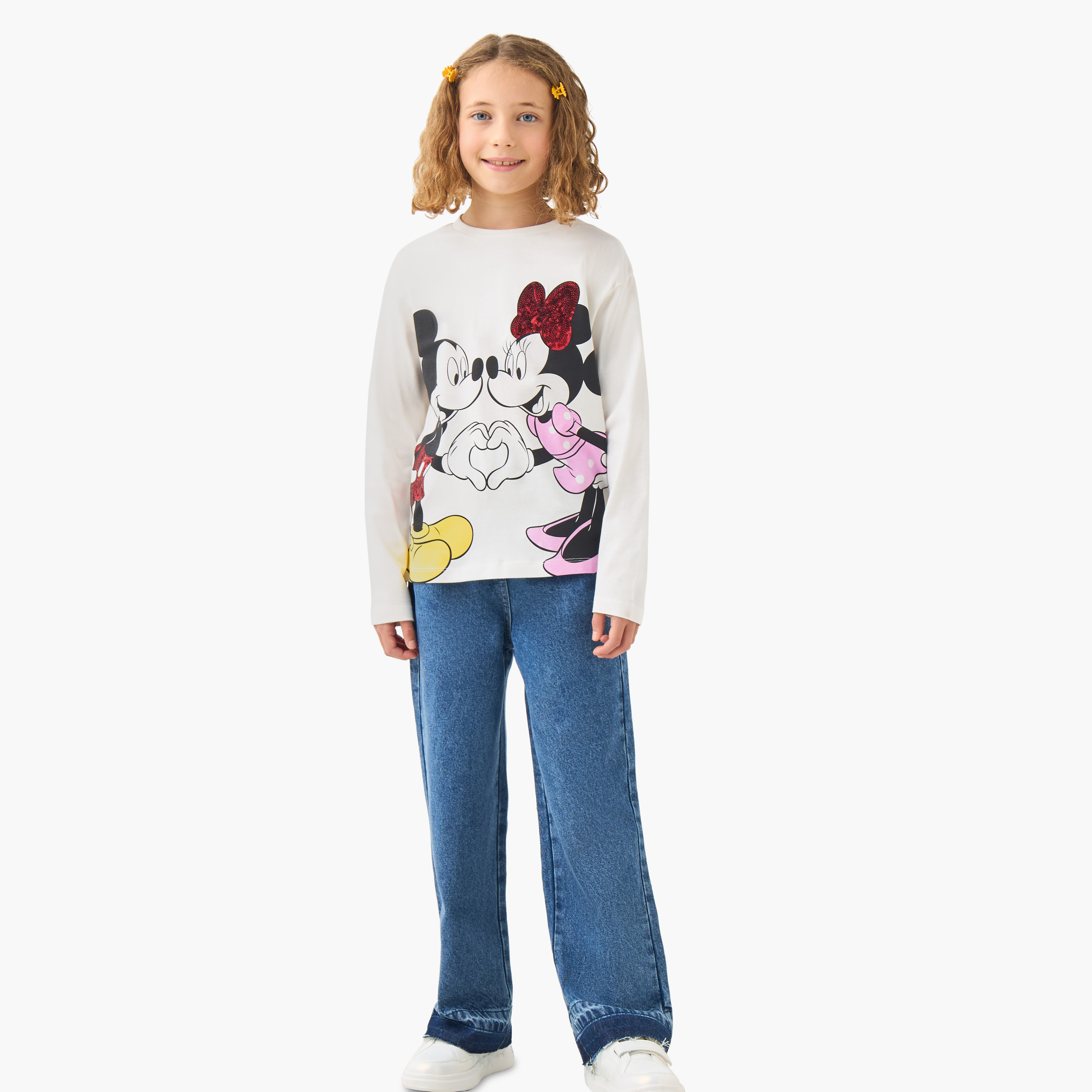 Disney Girls Crew Neck T-shirt with Mickey and Minnie Mouse Print - Cotton - Long Sleeves-girls-clothing-tshirts-image-2