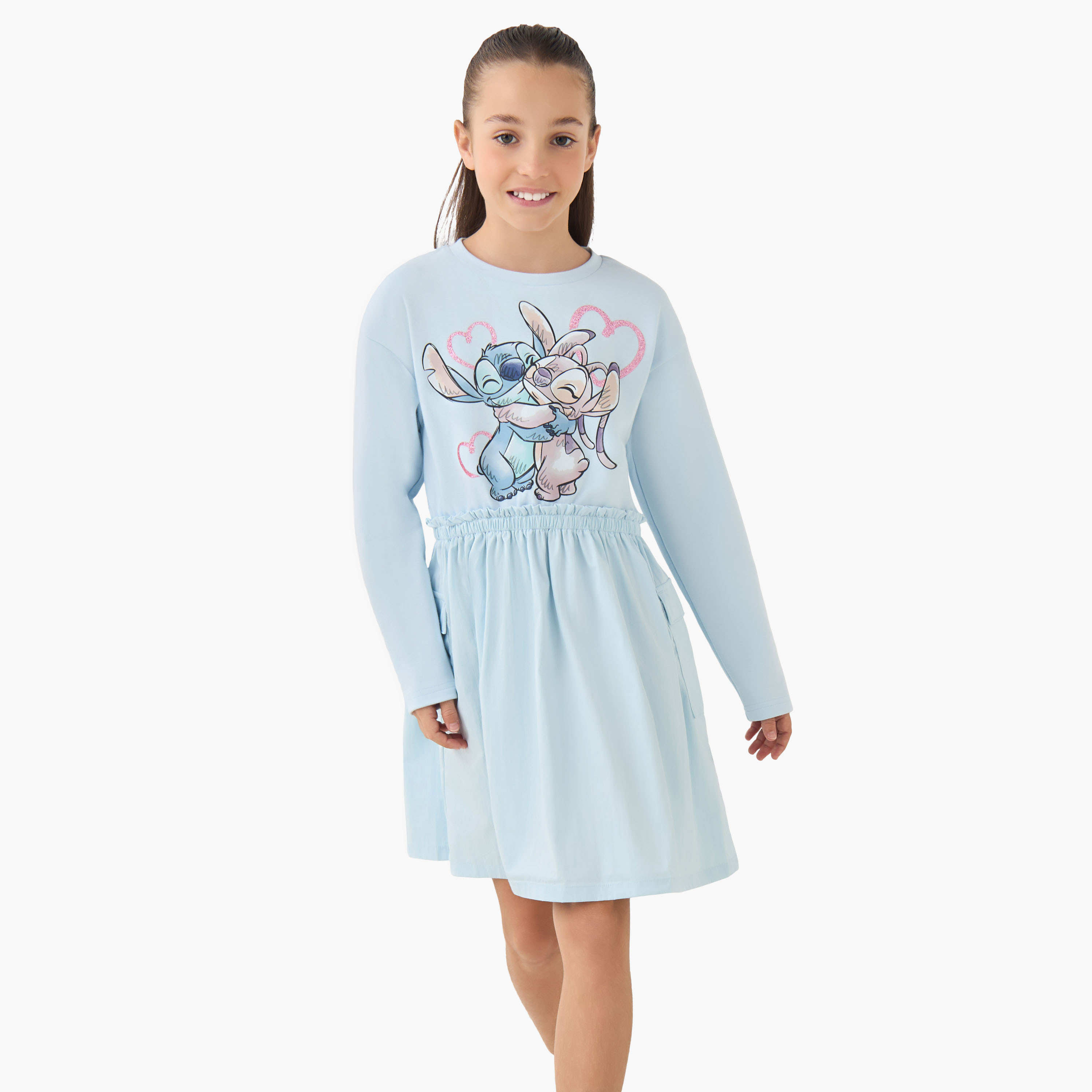 Disney Round Neck Long Sleeves Dress with Lilo and Stitch Print-girls-clothing-dressesandjumpsuits-image-1