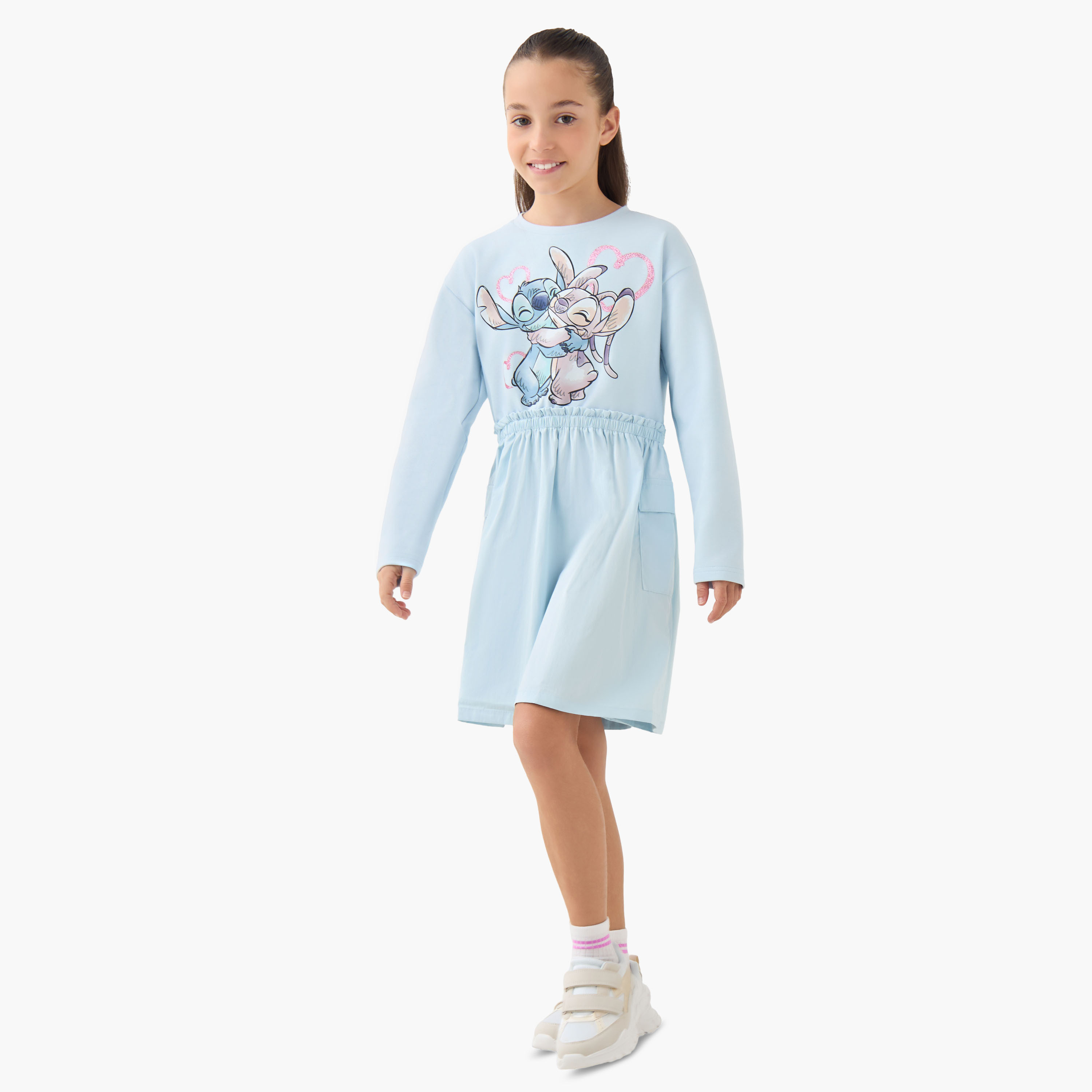 Disney Round Neck Long Sleeves Dress with Lilo and Stitch Print-girls-clothing-dressesandjumpsuits-image-2