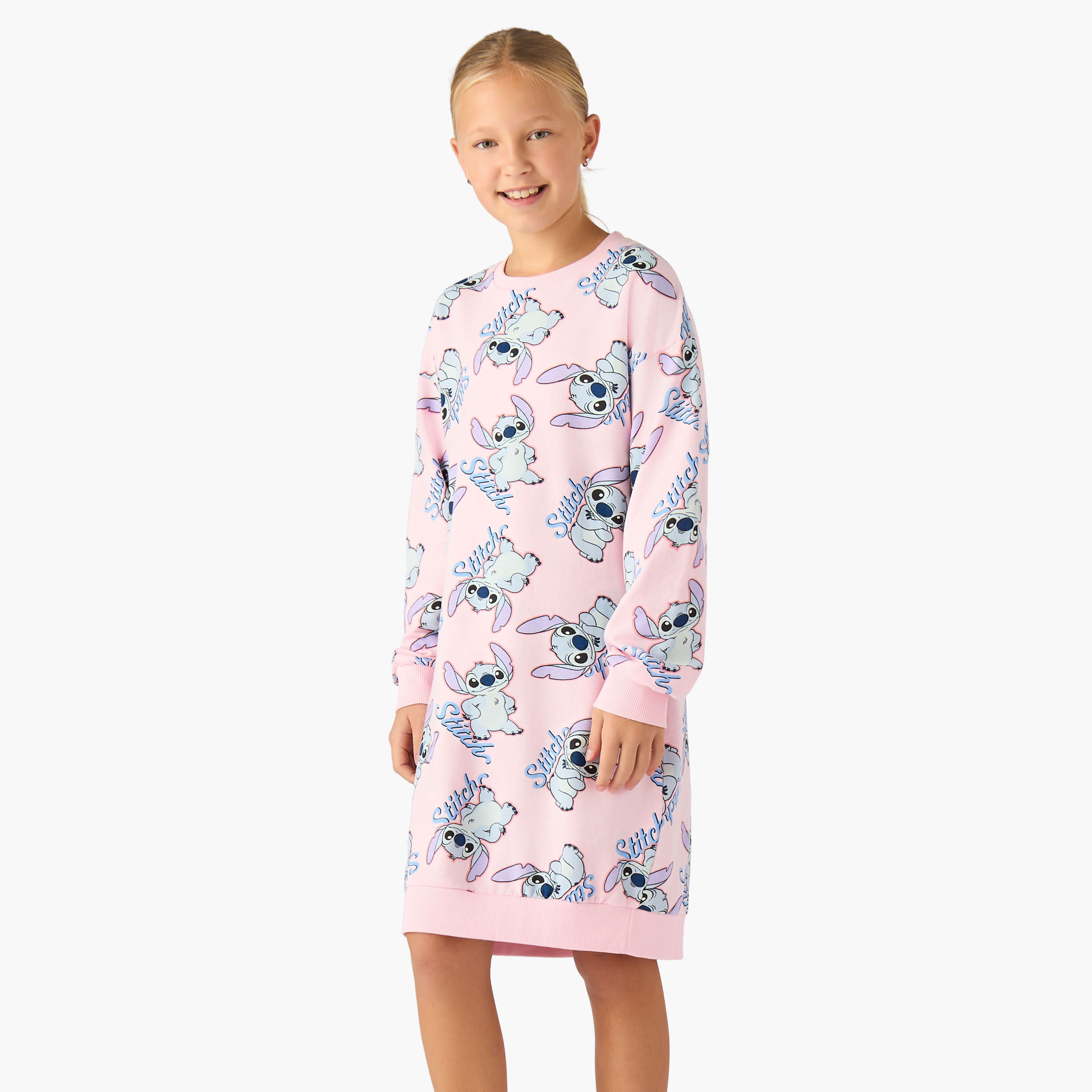 Disney Round Neck Long Sleeves Knee Length Sweat Dress with Stitch Print-girls-clothing-dressesandjumpsuits-image-1