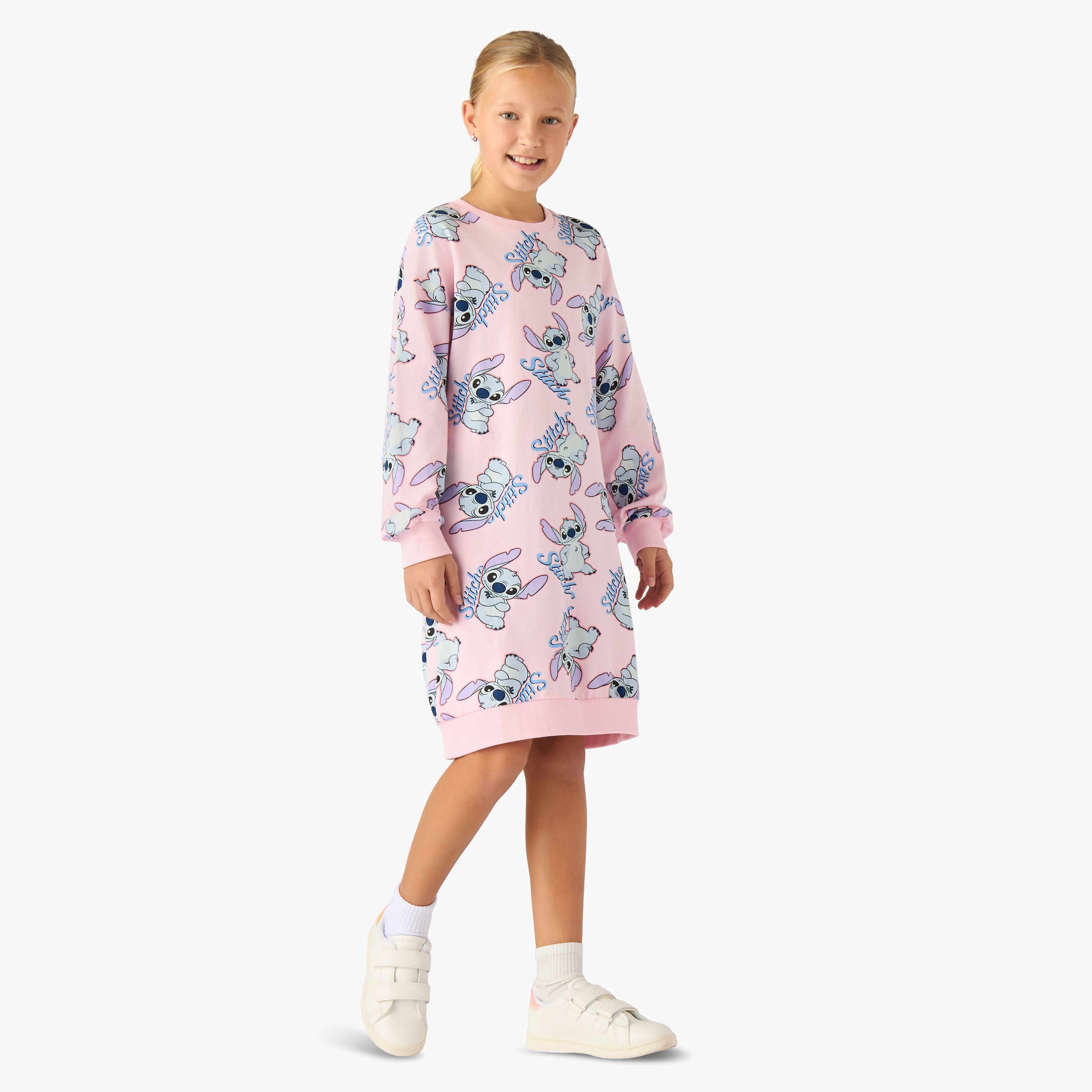 Disney Round Neck Long Sleeves Knee Length Sweat Dress with Stitch Print-girls-clothing-dressesandjumpsuits-image-2