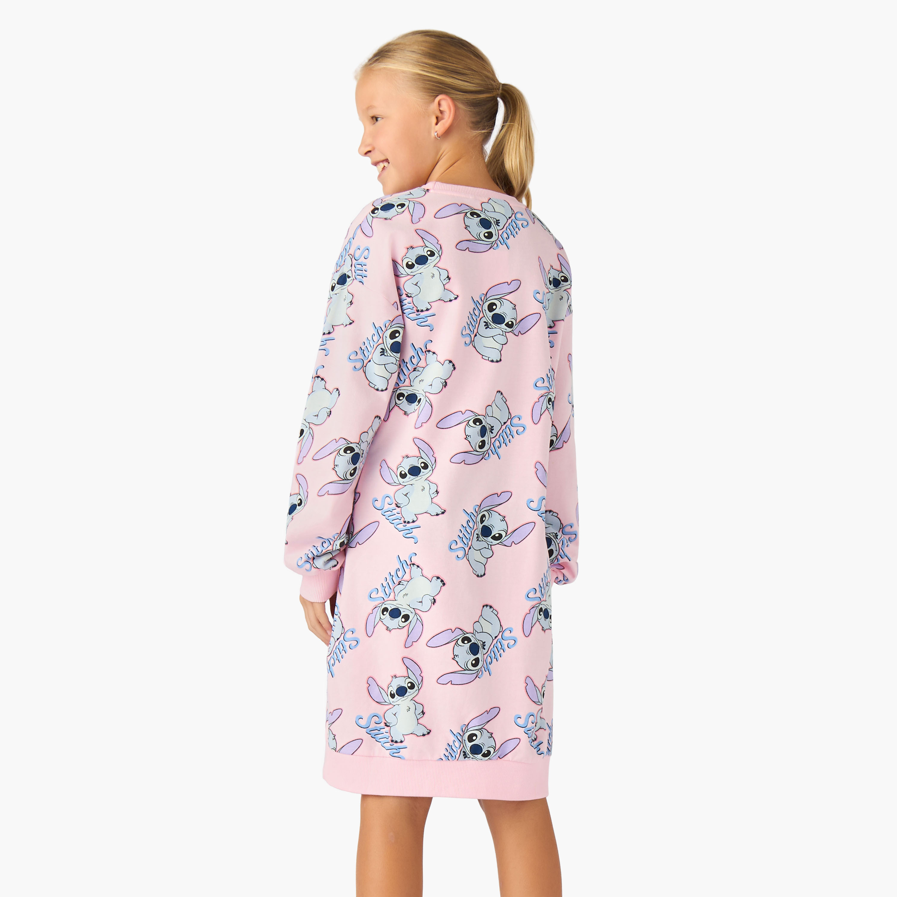 Disney Round Neck Long Sleeves Knee Length Sweat Dress with Stitch Print-girls-clothing-dressesandjumpsuits-image-3