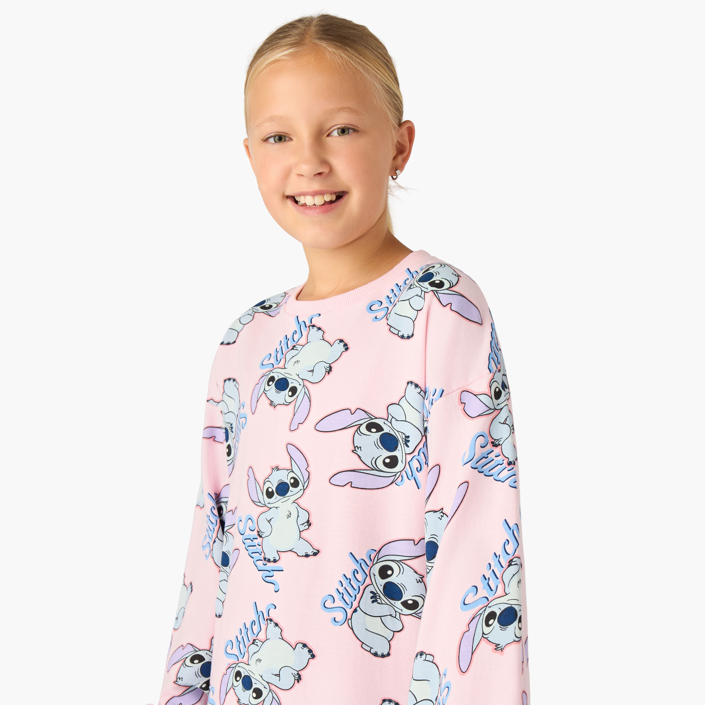 Disney Round Neck Long Sleeves Knee Length Sweat Dress with Stitch Print-girls-clothing-dressesandjumpsuits-image-4