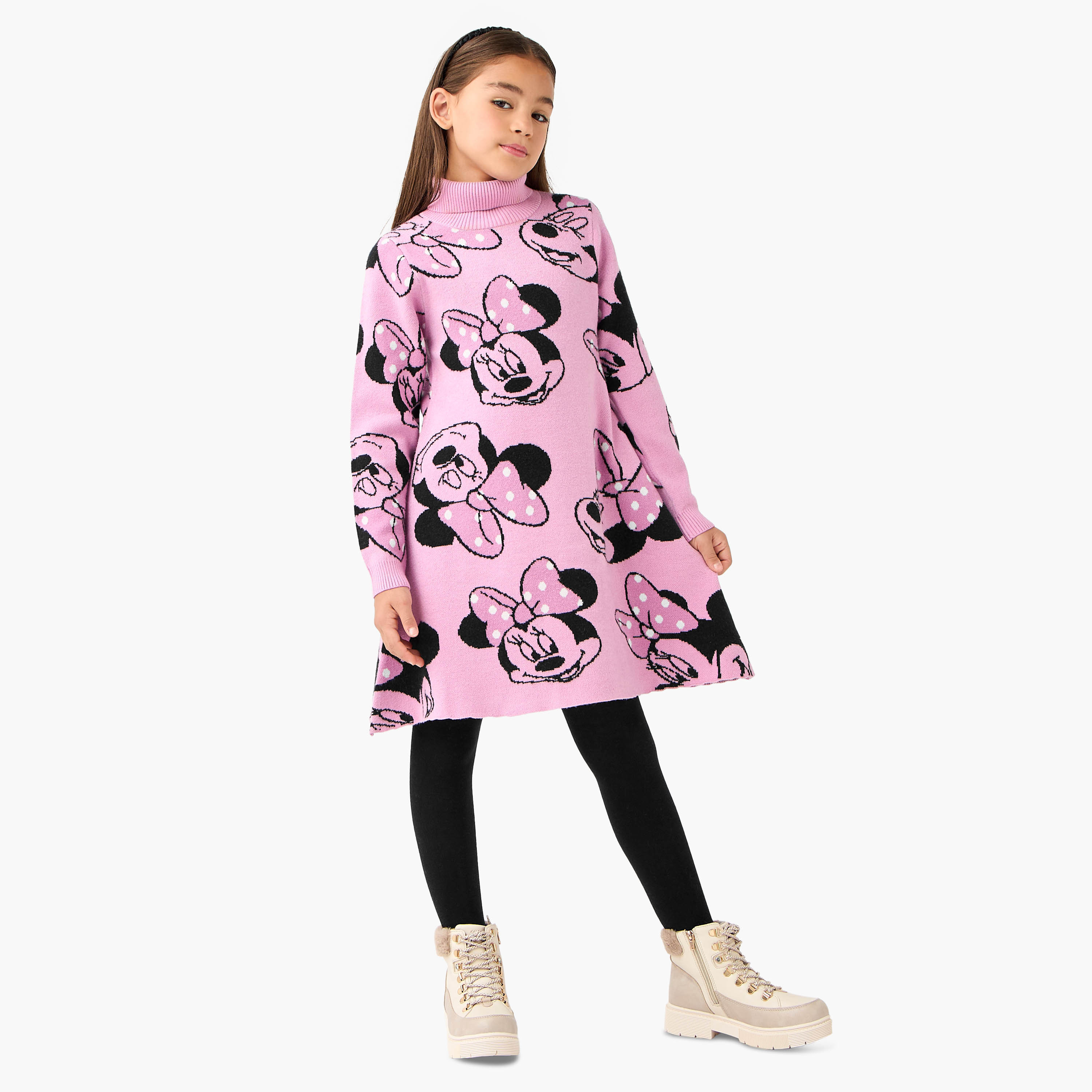Disney Minnie Mouse Print Dress with Turtleneck and Long Sleeves-girls-clothing-dressesandjumpsuits-image-1