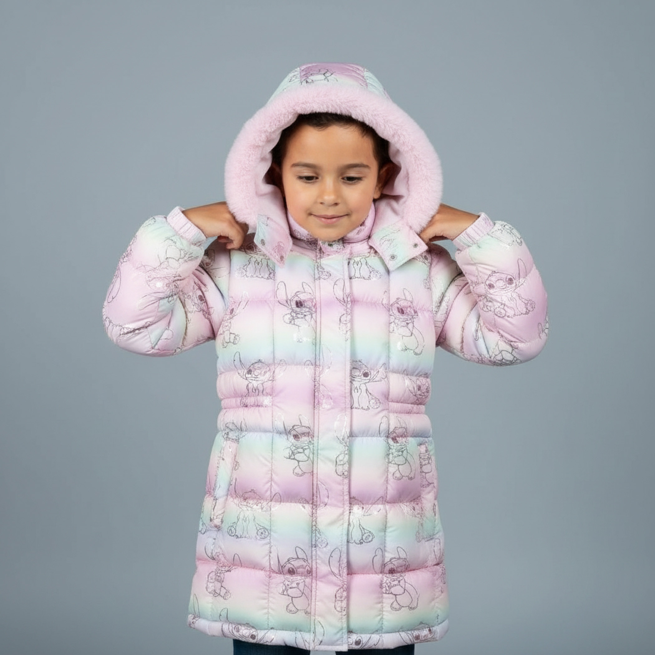 Disney Stitch Print Padded Jacket with Hood and Zip Closure-girls-clothing-winterwear-jacketsandcoats-image-1