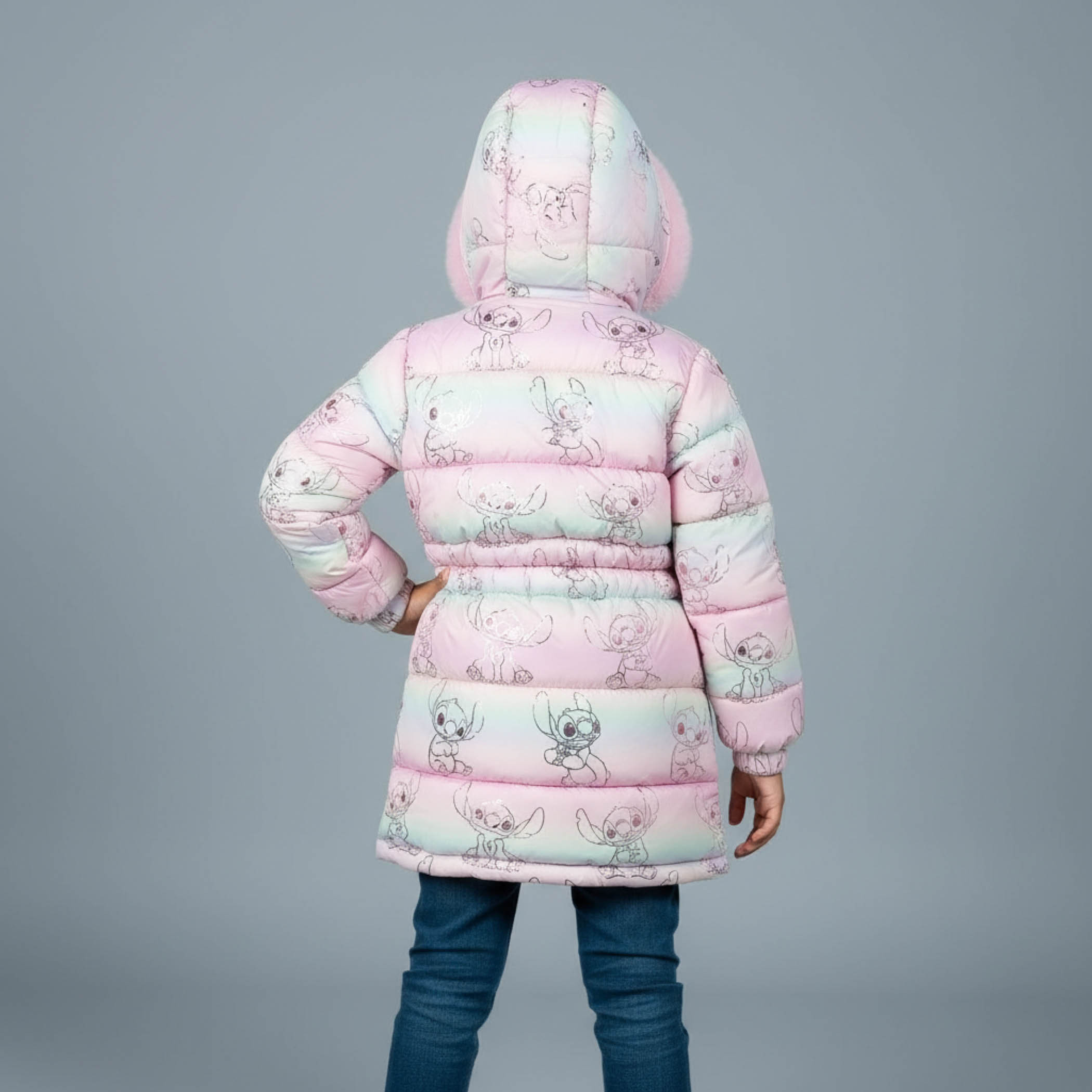 Disney Stitch Print Padded Jacket with Hood and Zip Closure-girls-clothing-winterwear-jacketsandcoats-image-2
