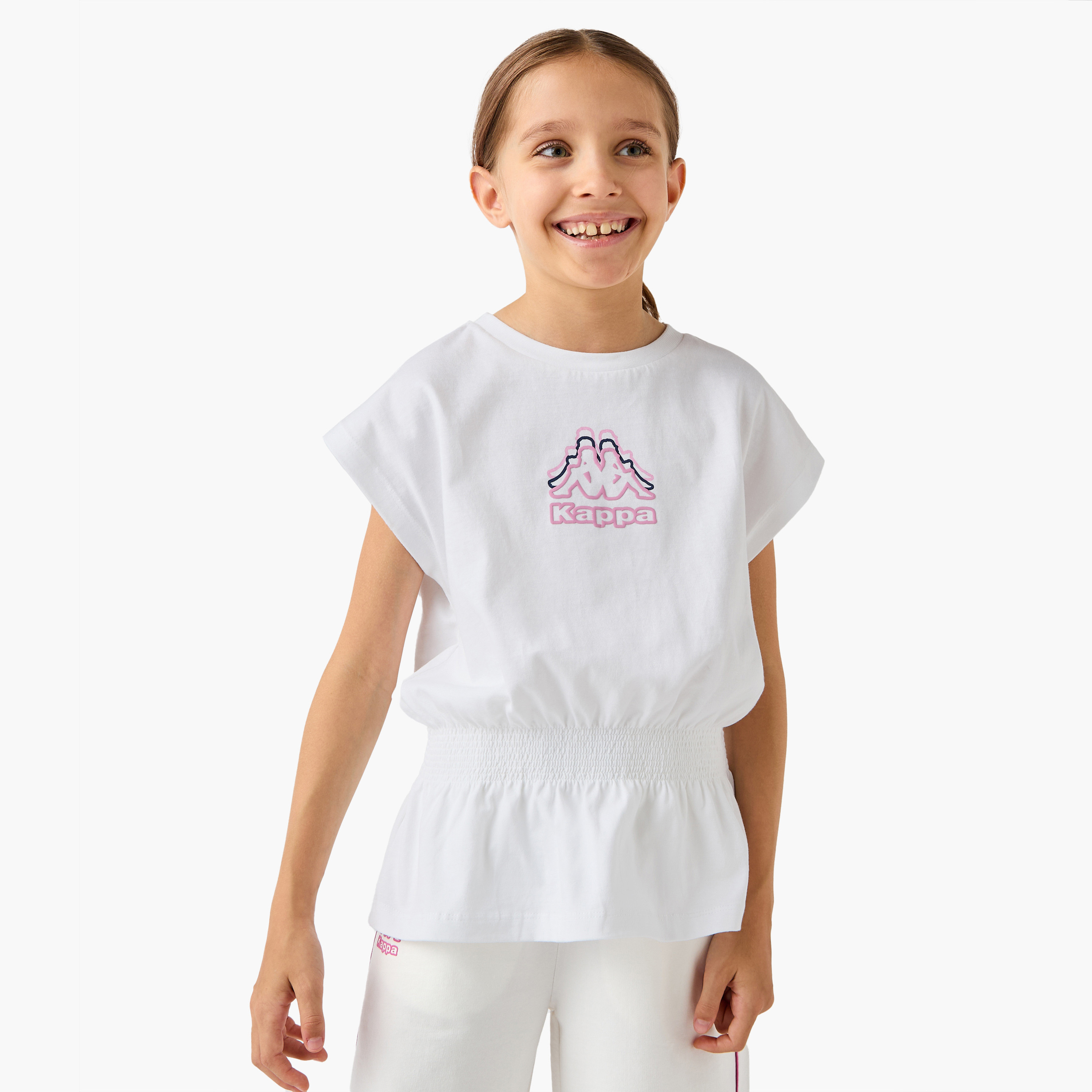 Kappa Logo Print T-shirt with Smocked Waist-sports-girls-clothing-tops-image-1