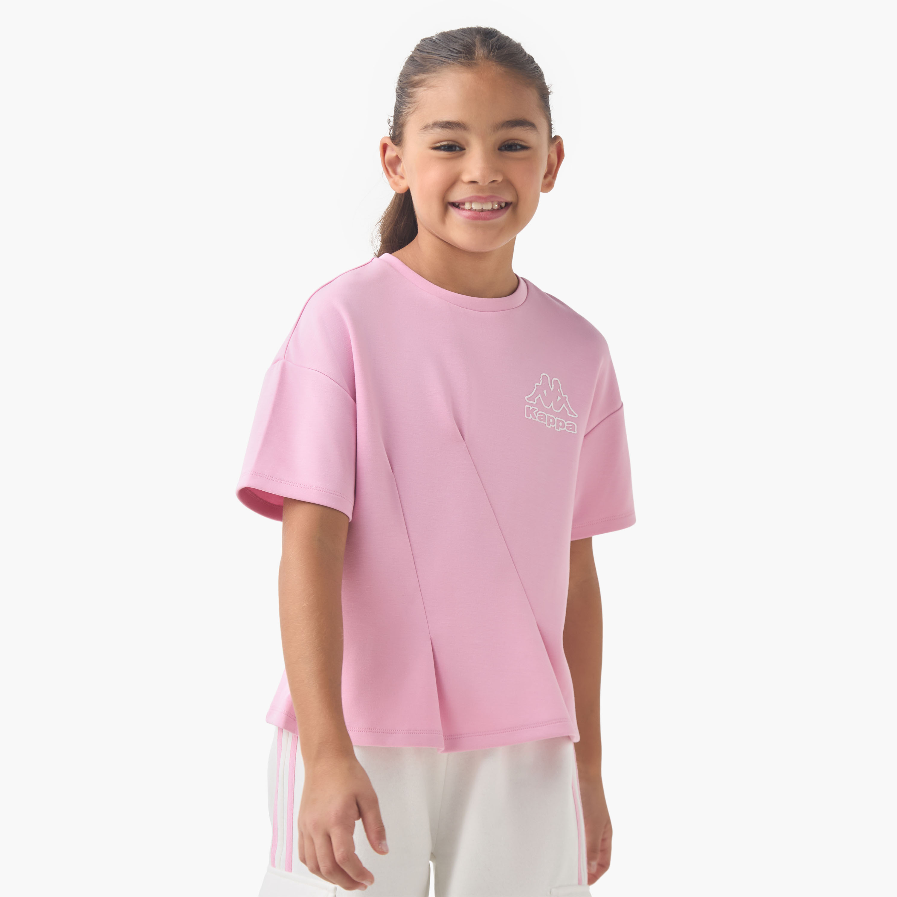 تيشيرت قطن بياقة ضيقة وأكمام قصيرة وكسرات للبنات من كابا-sports-girls-clothing-tops-image-1