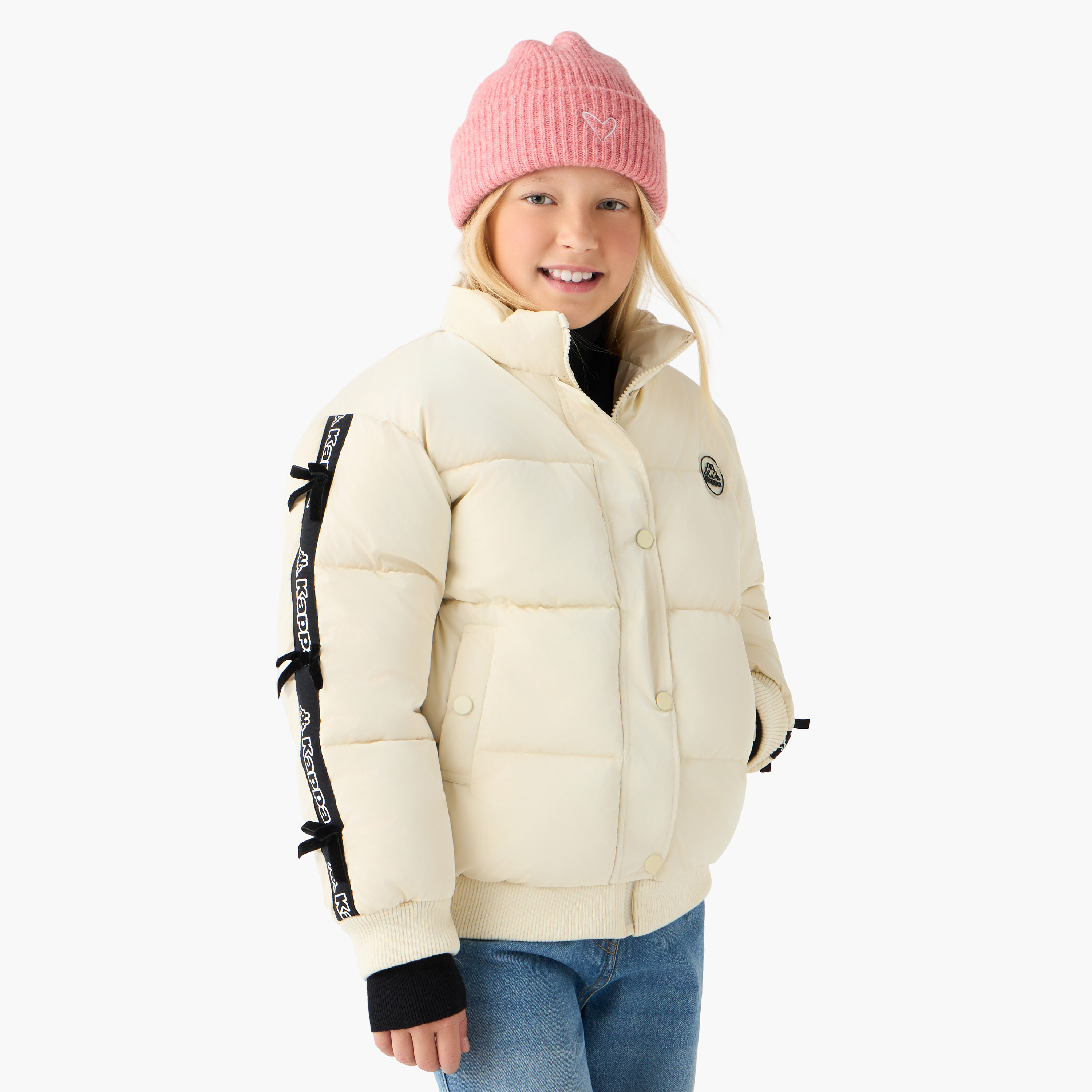 Kappa Bow Detail Padded Jacket with Hood and Zip Closure-girls-clothing-winterwear-jacketsandcoats-image-1