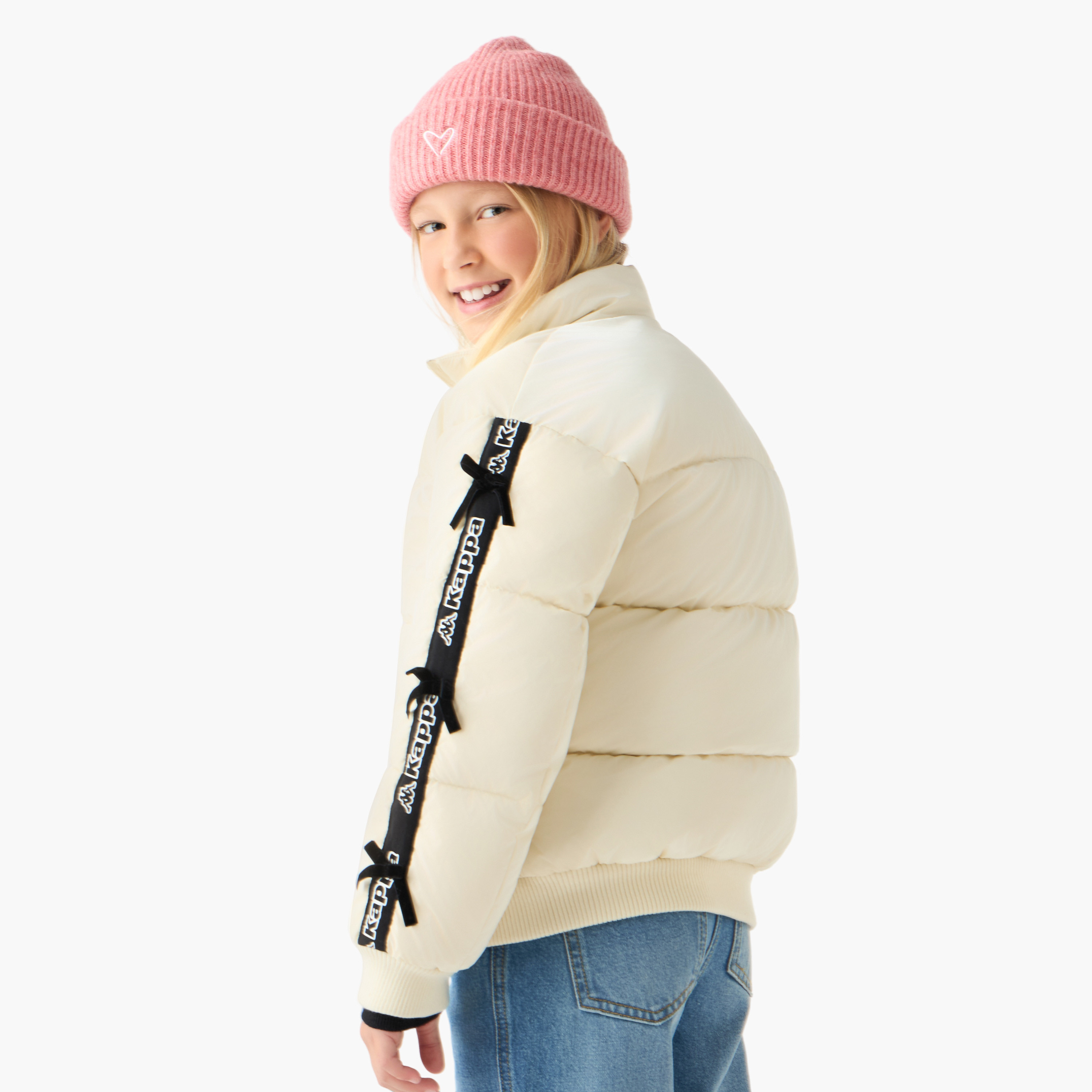 Kappa Bow Detail Padded Jacket with Hood and Zip Closure-girls-clothing-winterwear-jacketsandcoats-image-3