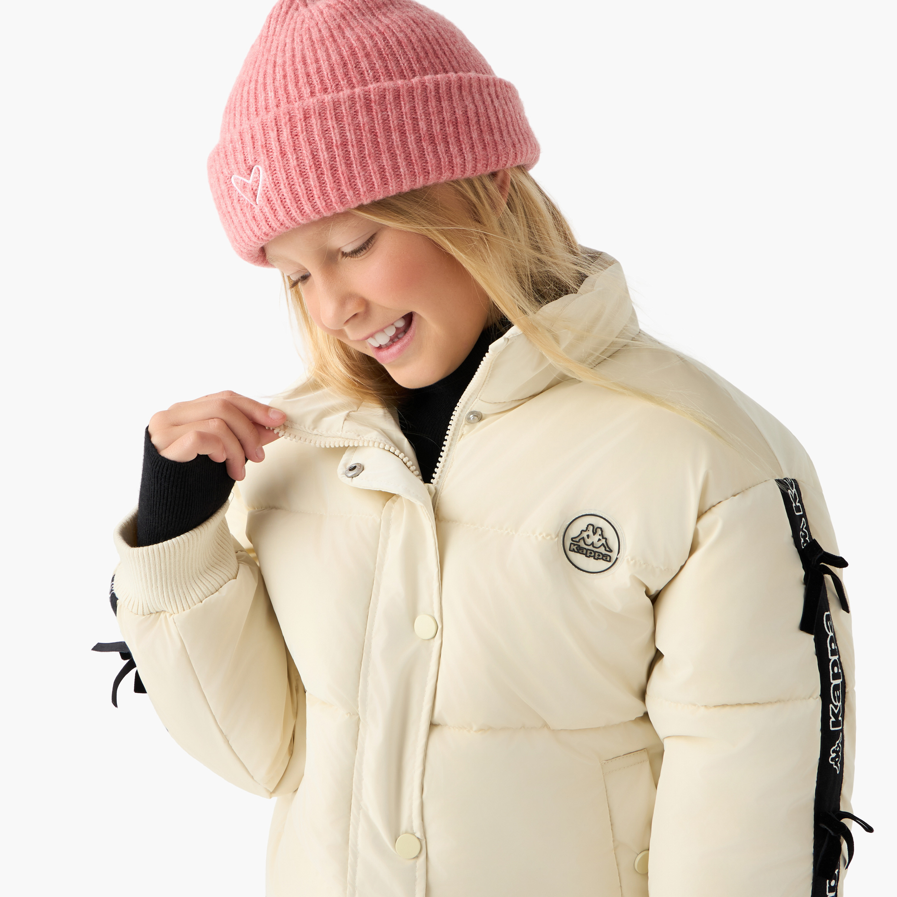 Kappa Bow Detail Padded Jacket with Hood and Zip Closure-girls-clothing-winterwear-jacketsandcoats-image-4