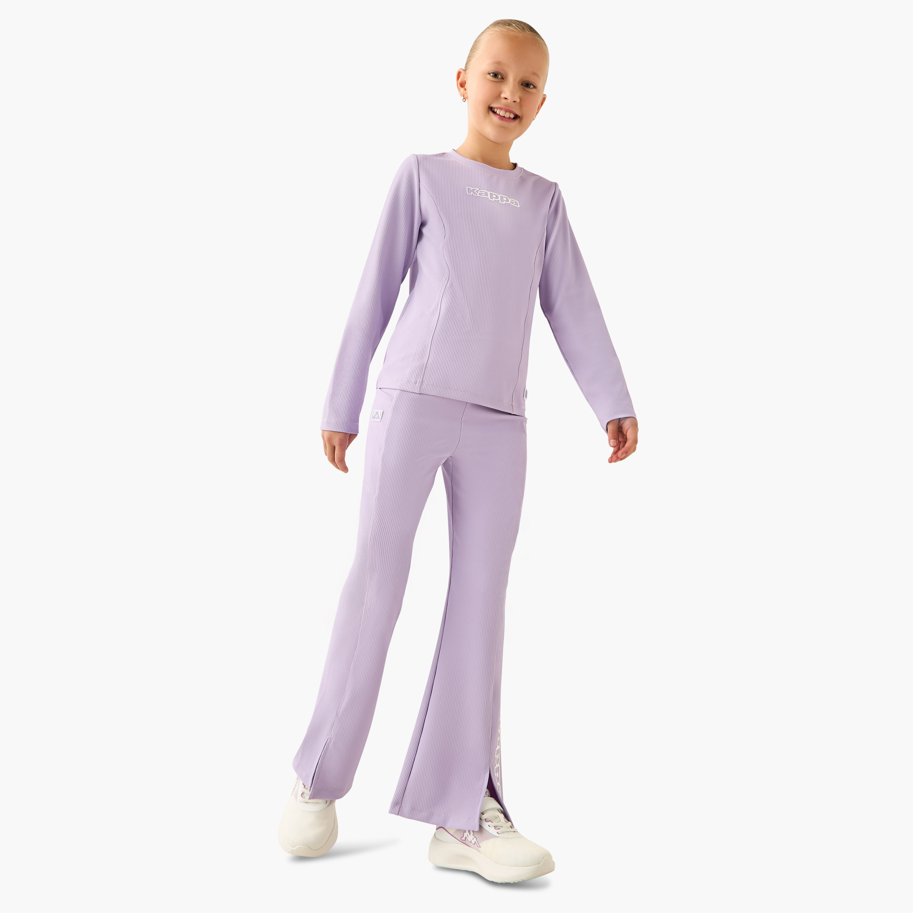 Kappa Crew Neck Long Sleeves T-shirt and Flared Pants Set with Ribbed Texture-girls-clothing-sportswear-sets-image-1