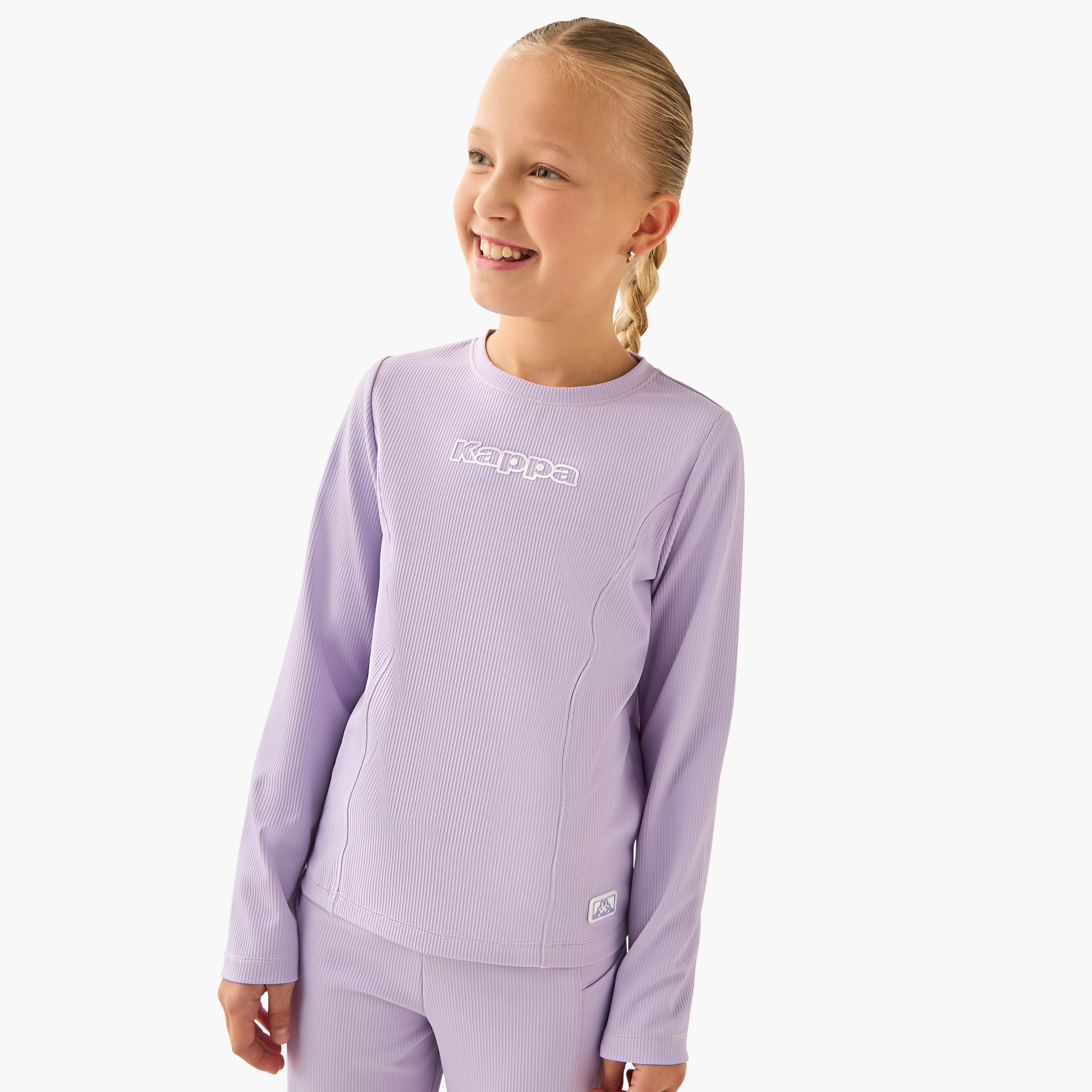 Kappa Crew Neck Long Sleeves T-shirt and Flared Pants Set with Ribbed Texture-girls-clothing-sportswear-sets-image-2