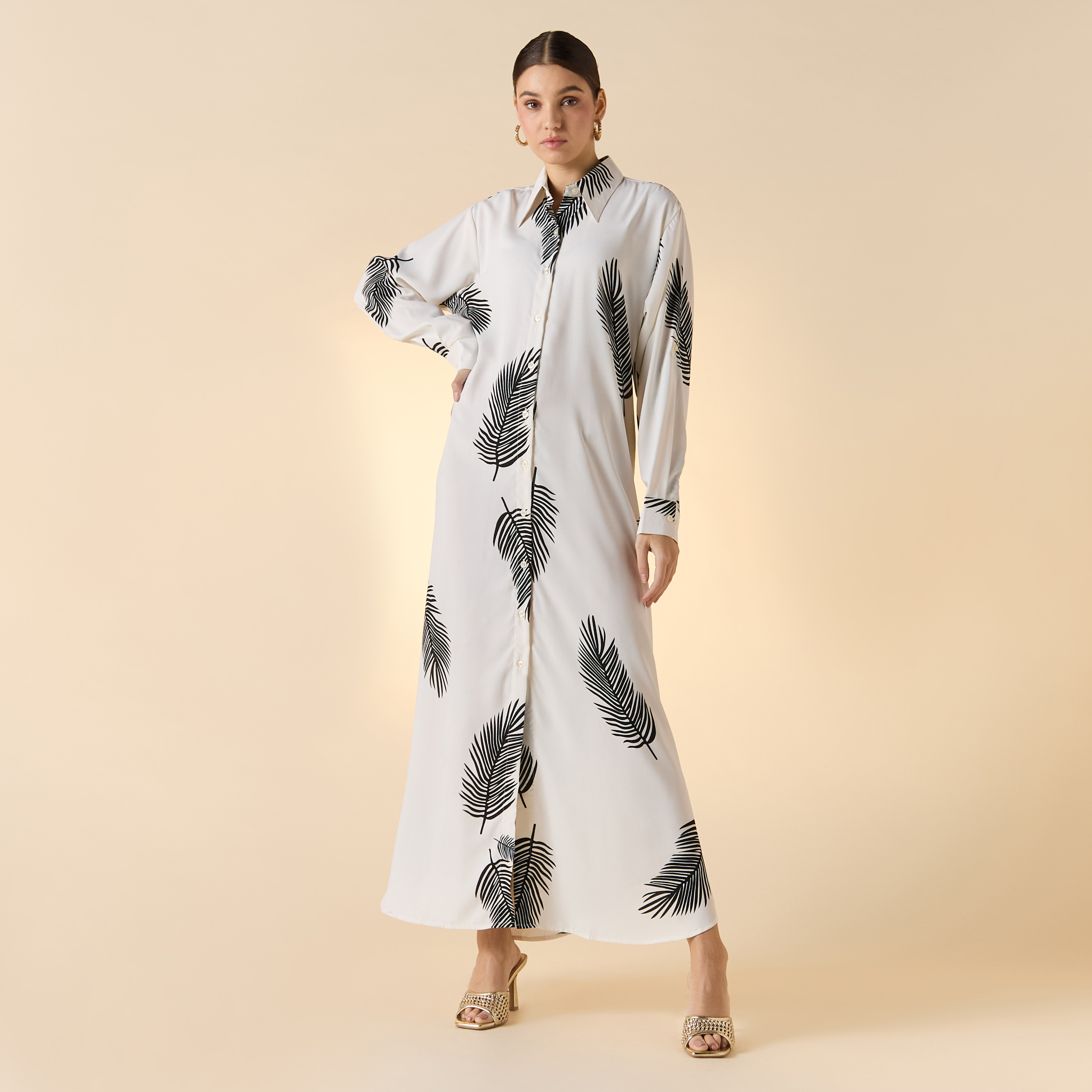 فستان قميص بطبعات أوراق شجر وأكمام طويلة وجيوب من فيور-women-clothing-dresses-image-1