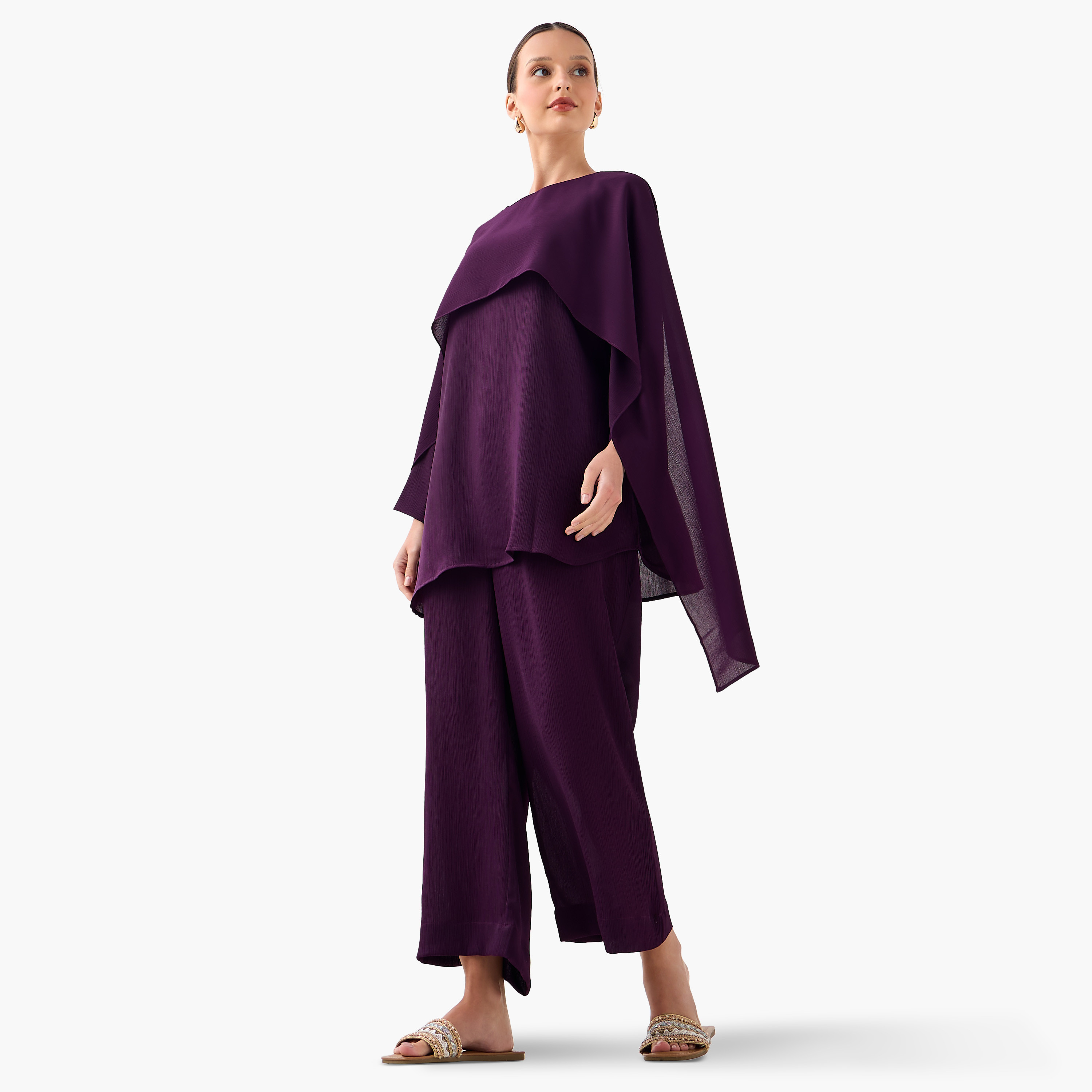 طقم بنطلون بلازو وبلوزة بكاب بارز الملمس من فيور-women-clothing-coordsets-image-7