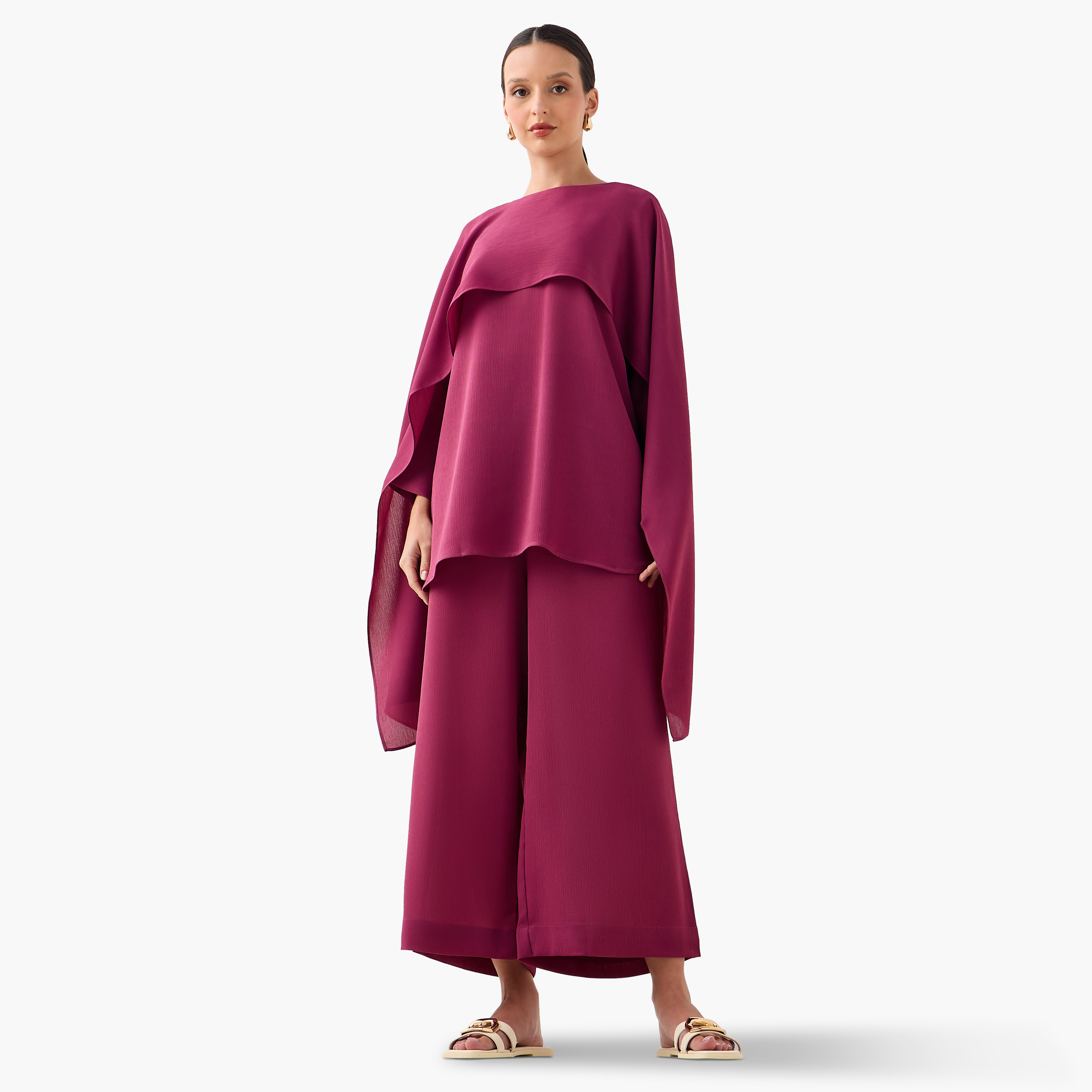 طقم بنطلون بلازو وبلوزة بكاب بارز الملمس من فيور-women-clothing-coordsets-image-13