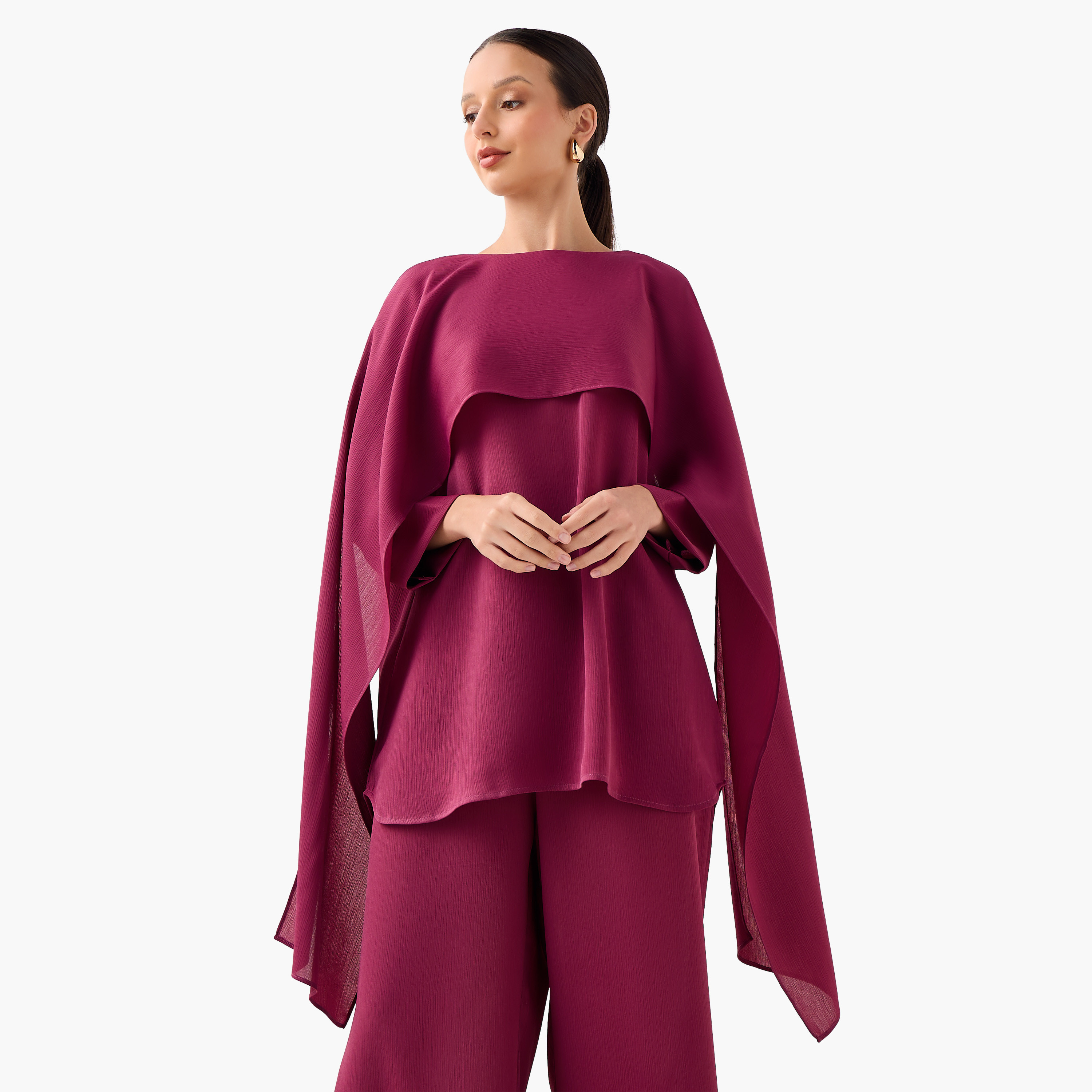 طقم بنطلون بلازو وبلوزة بكاب بارز الملمس من فيور-women-clothing-coordsets-image-15