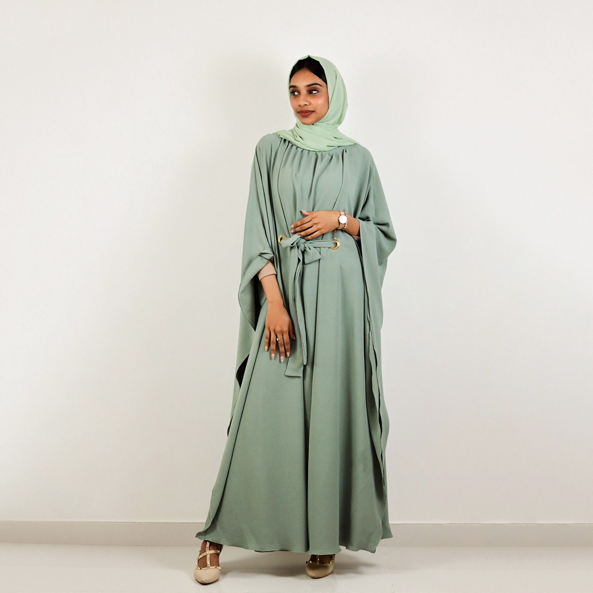 Nukhbaa Solid Abaya with Belt Tie-Ups and Hijab-women-arabicclothing-abayas-image-1