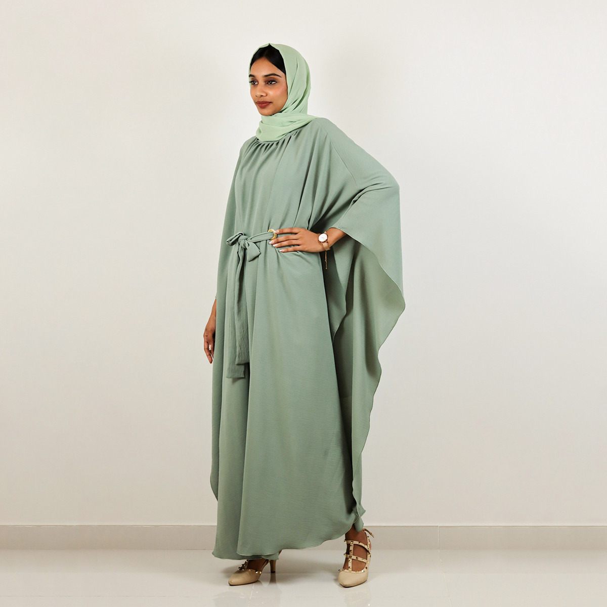 Nukhbaa Solid Abaya with Belt Tie-Ups and Hijab-women-arabicclothing-abayas-image-2