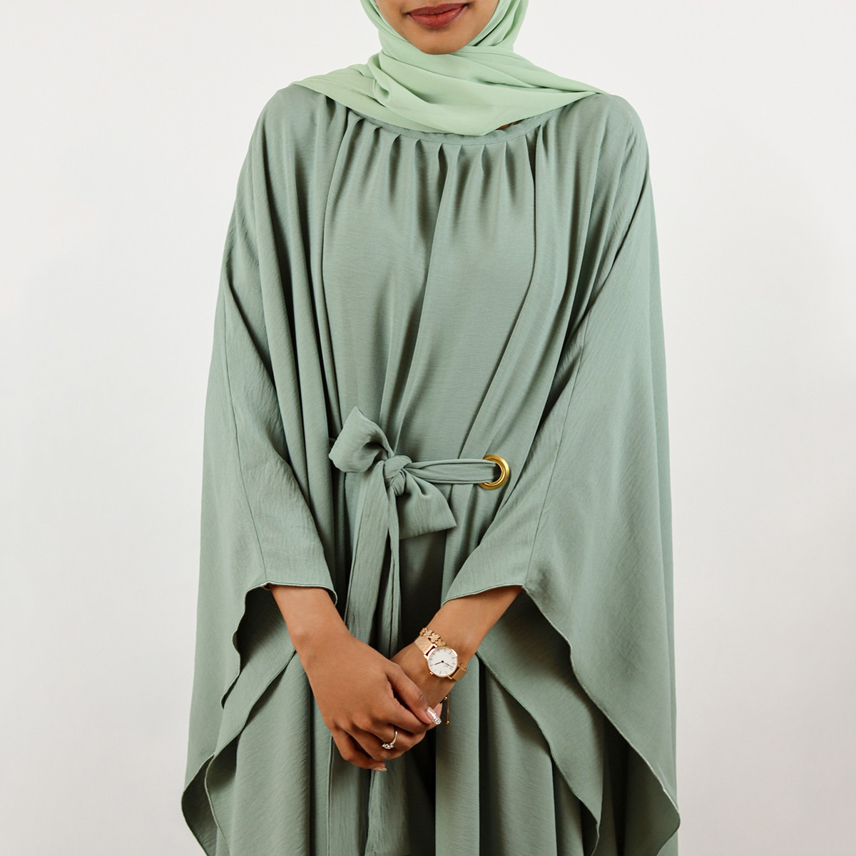 Nukhbaa Solid Abaya with Belt Tie-Ups and Hijab-women-arabicclothing-abayas-image-4