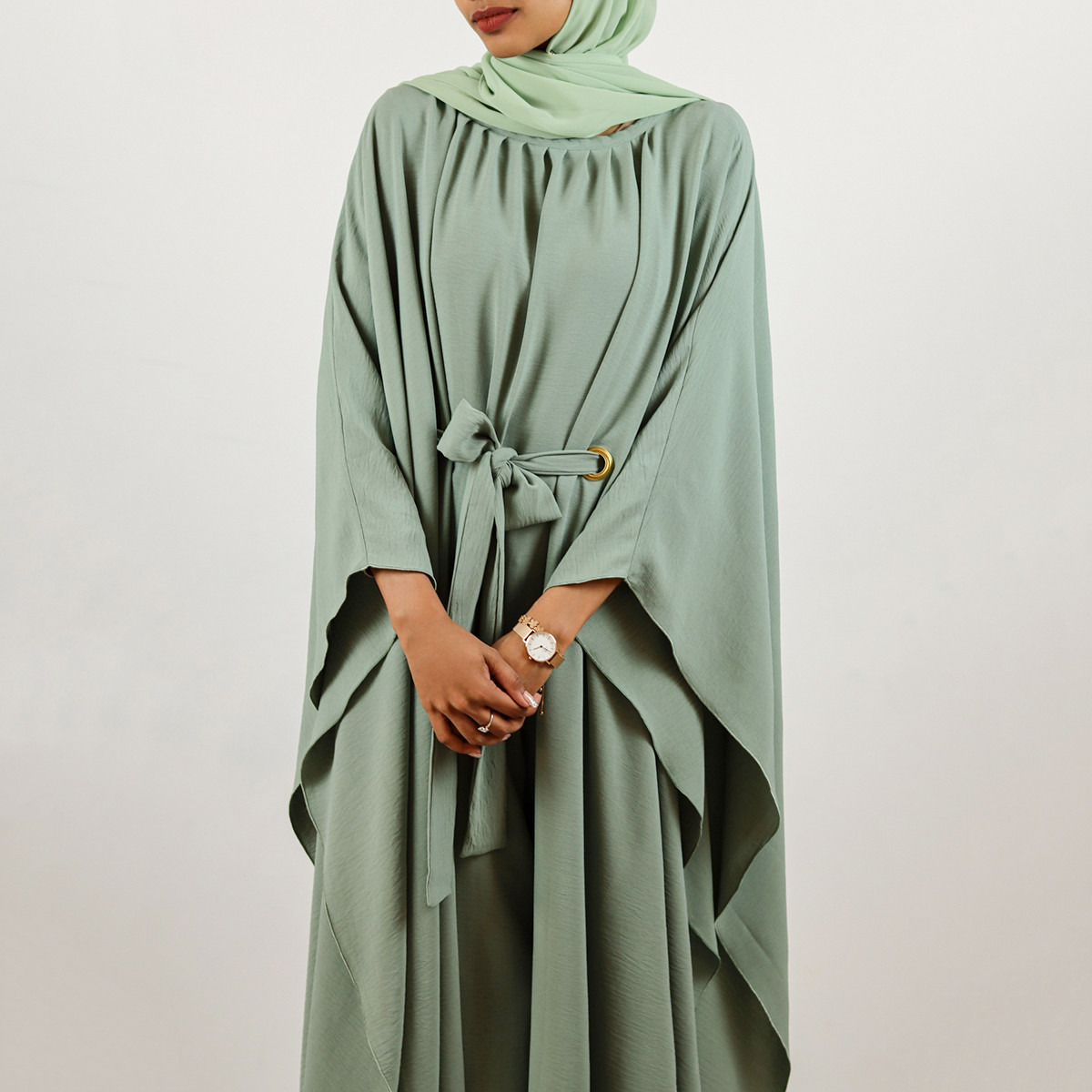 Nukhbaa Solid Abaya with Belt Tie-Ups and Hijab-women-arabicclothing-abayas-image-5