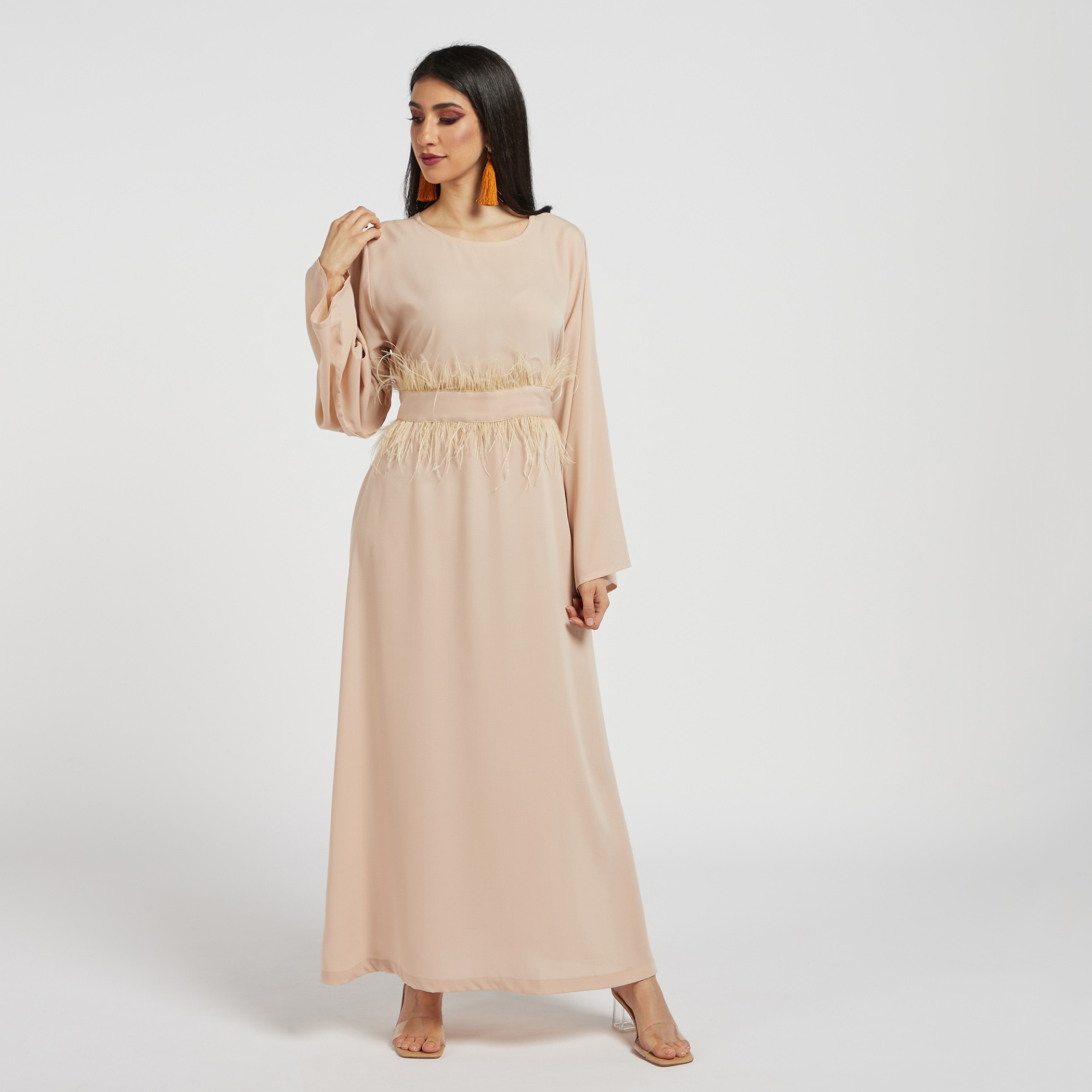 Nukhbaa Solid Abaya with Round Neck and Tie-Up Belt-women-arabicclothing-abayas-image-2
