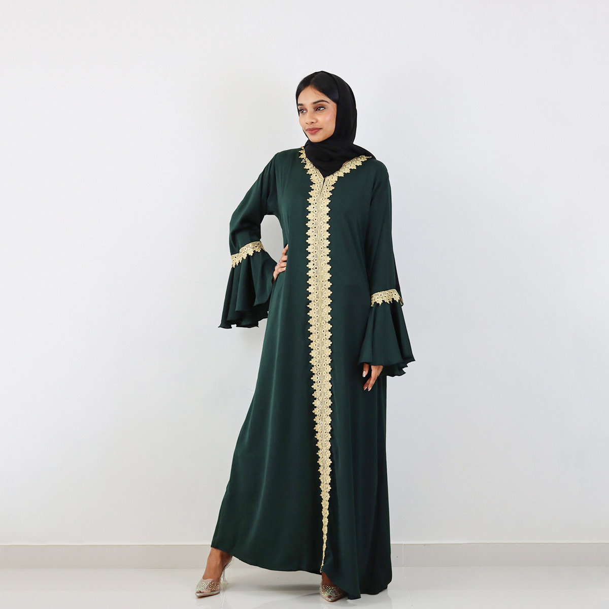 Nukhbaa Lace Detail A-line Abaya with Bell Sleeves-women-arabicclothing-abayas-image-1