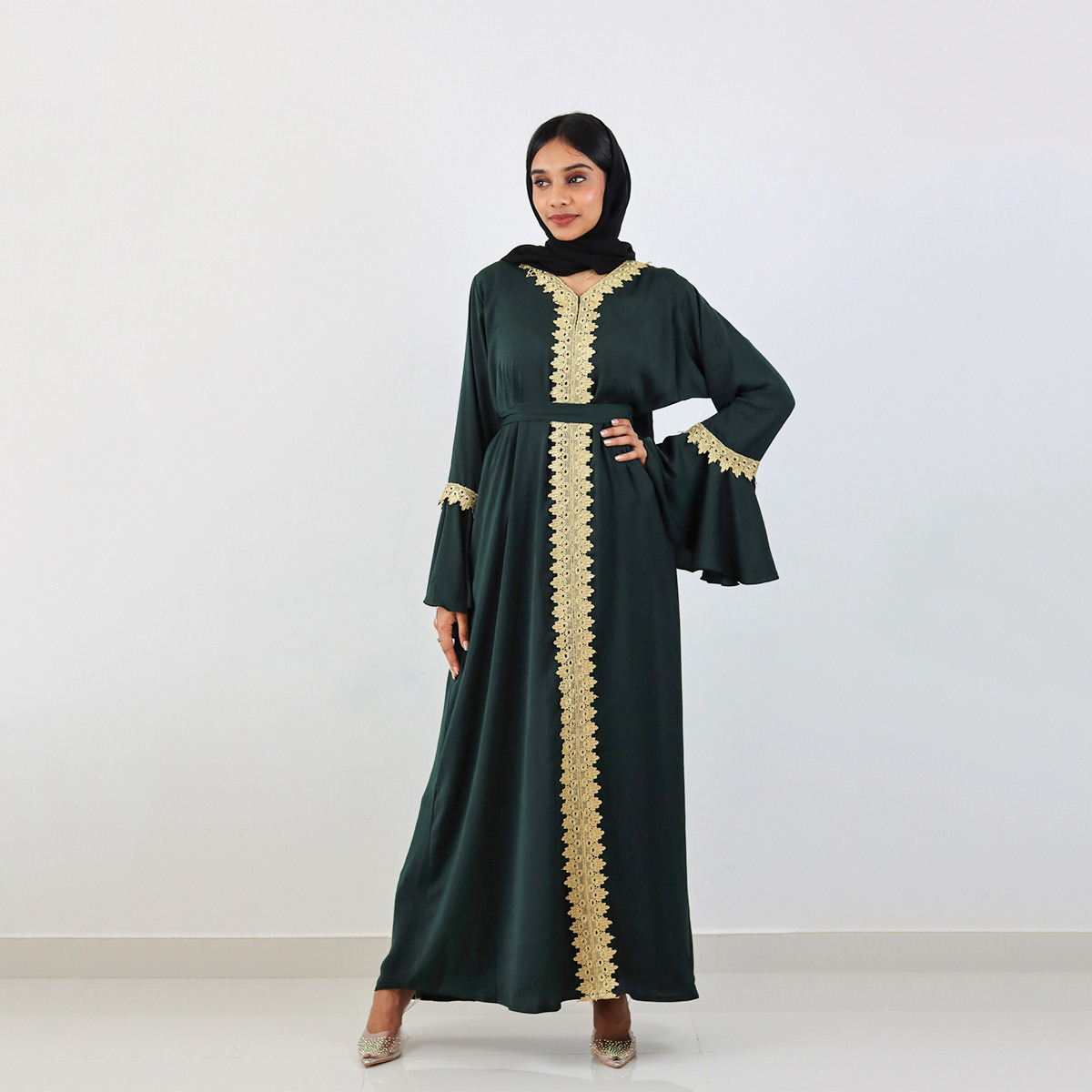 Nukhbaa Lace Detail A-line Abaya with Bell Sleeves-women-arabicclothing-abayas-image-2