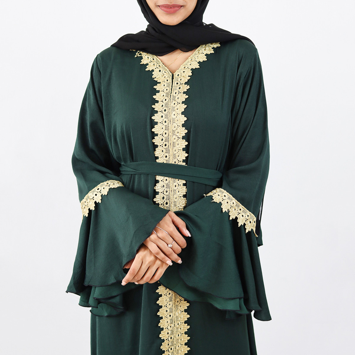 Nukhbaa Lace Detail A-line Abaya with Bell Sleeves-women-arabicclothing-abayas-image-3