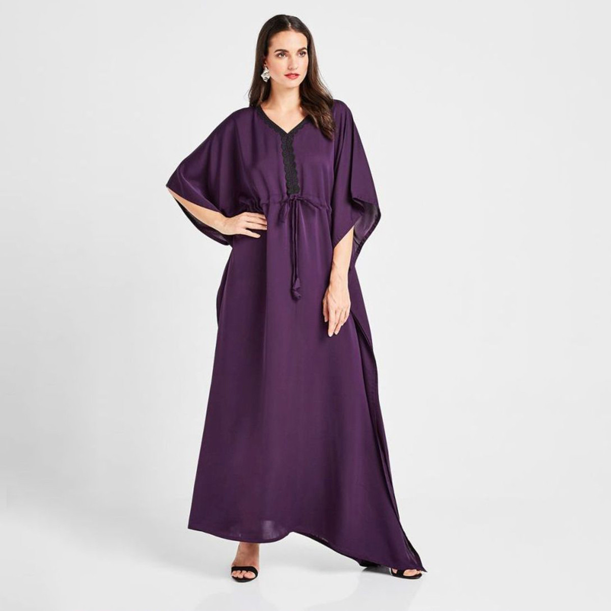 Nukhbaa Solid Abaya with V-neck and Short Sleeves-women-arabicclothing-abayas-image-1