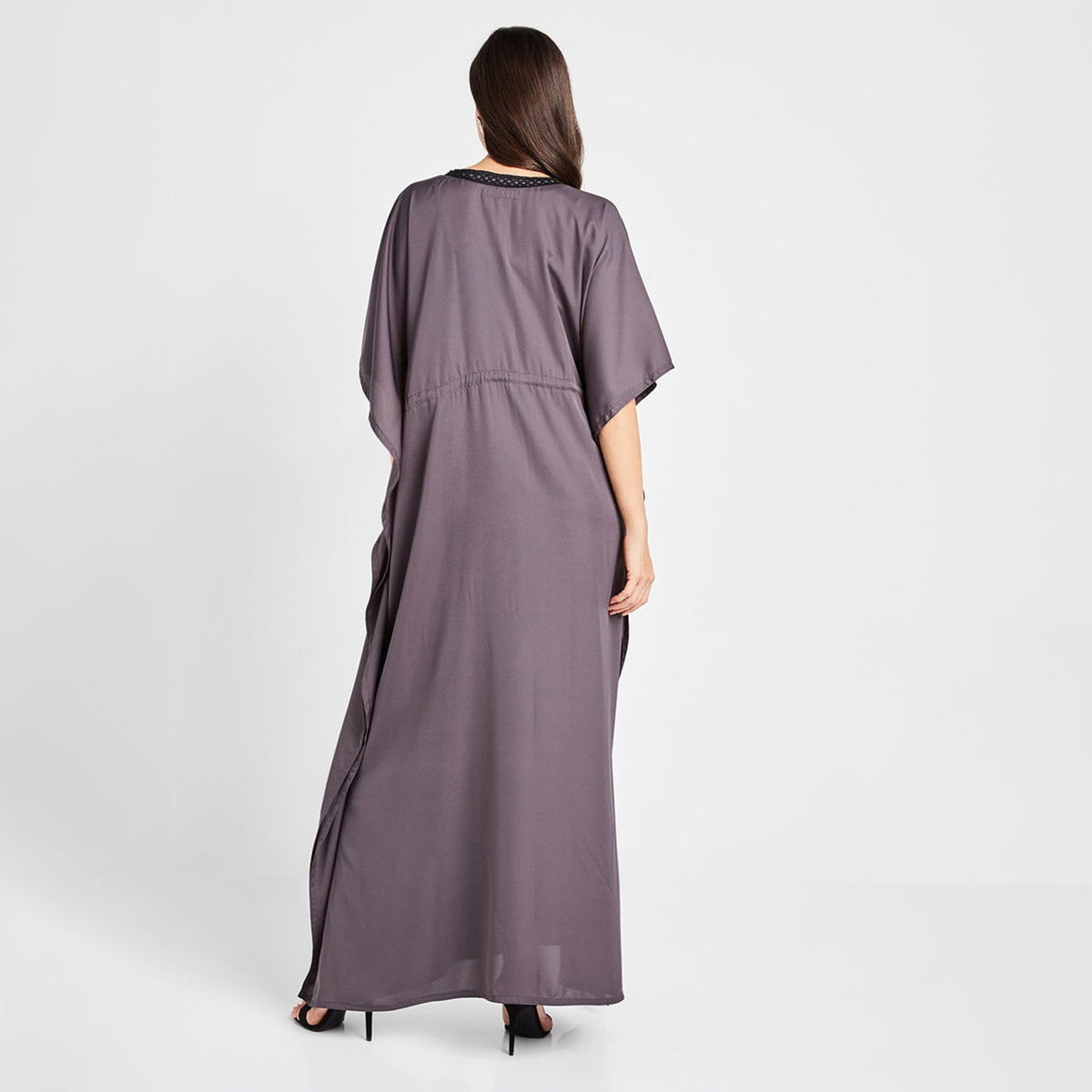 Nukhbaa Solid Abaya with V-neck and Short Sleeves-women-arabicclothing-abayas-image-2