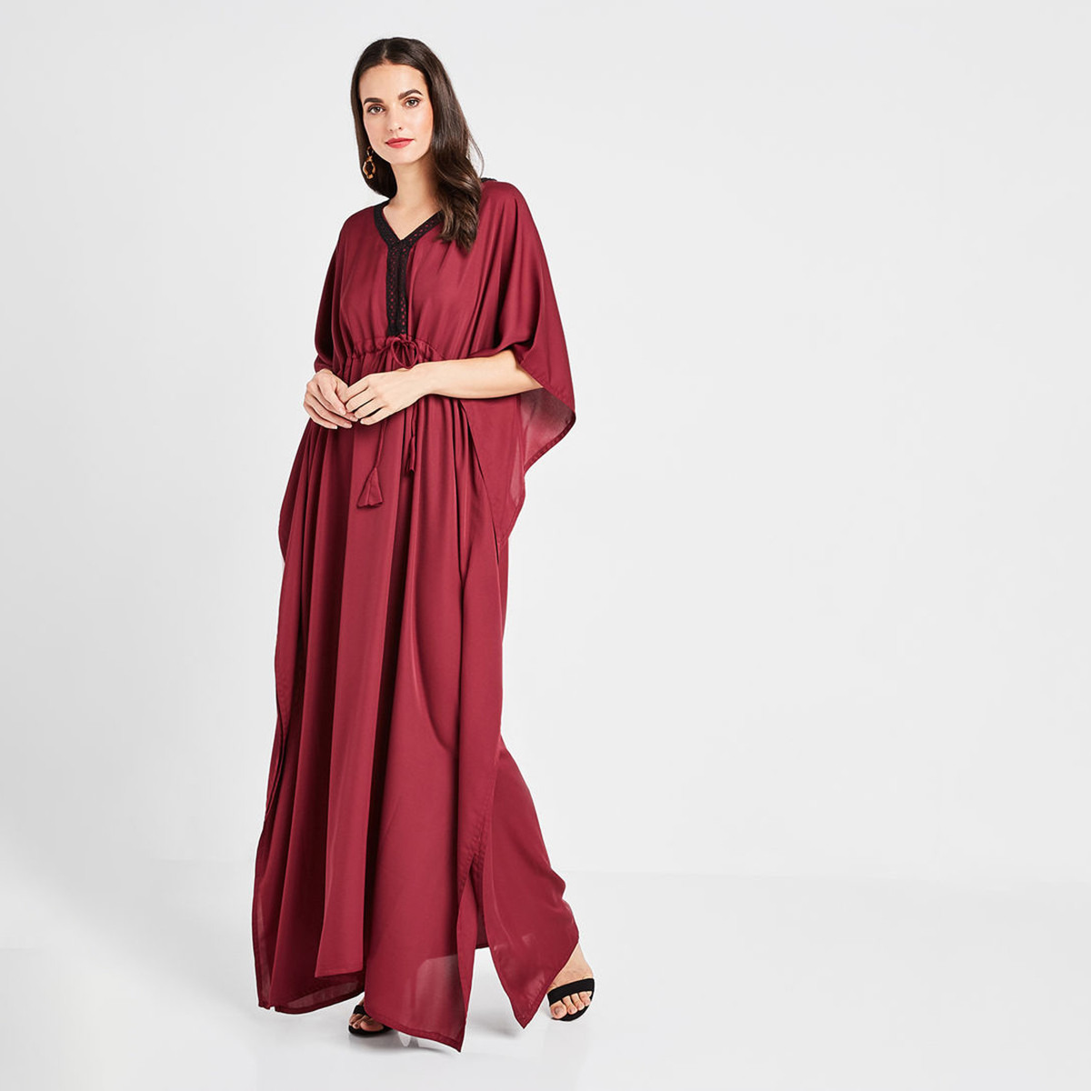 Nukhbaa Solid Abaya with V-neck and Short Sleeves-women-arabicclothing-abayas-image-1