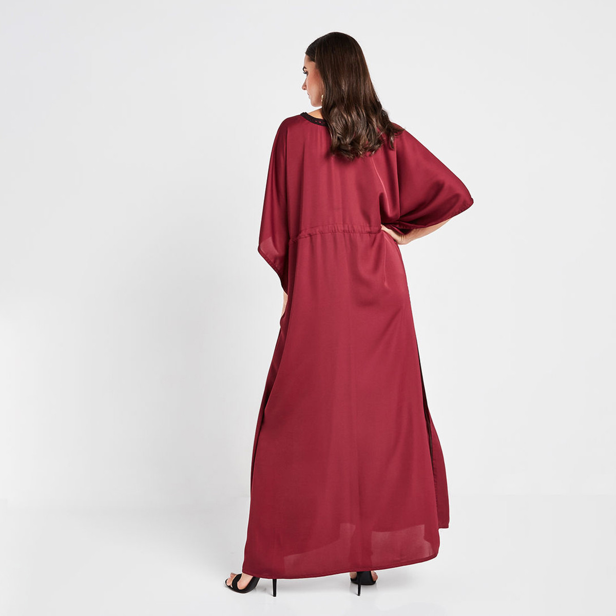 Nukhbaa Solid Abaya with V-neck and Short Sleeves-women-arabicclothing-abayas-image-2
