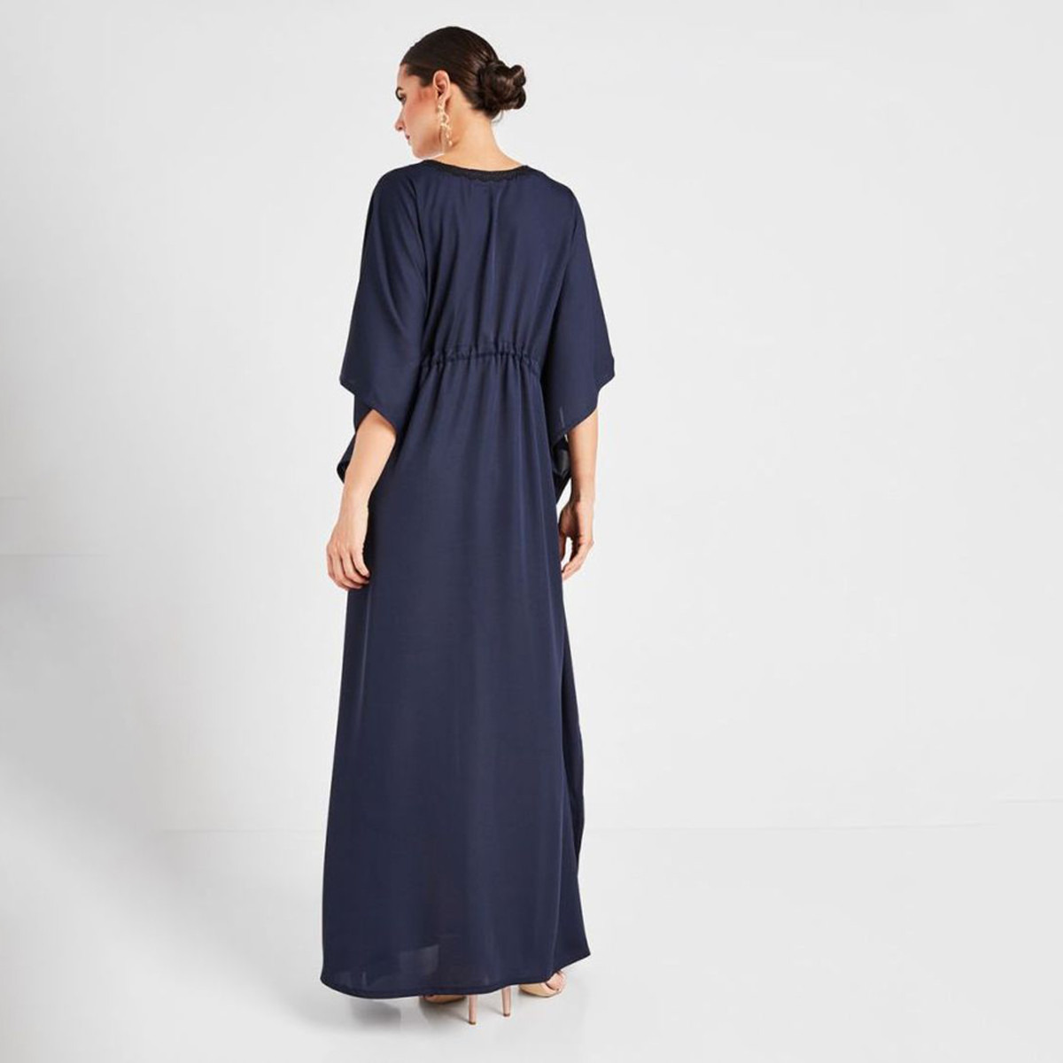 Nukhbaa Solid Abaya with V-neck and Short Sleeves-women-arabicclothing-abayas-image-2