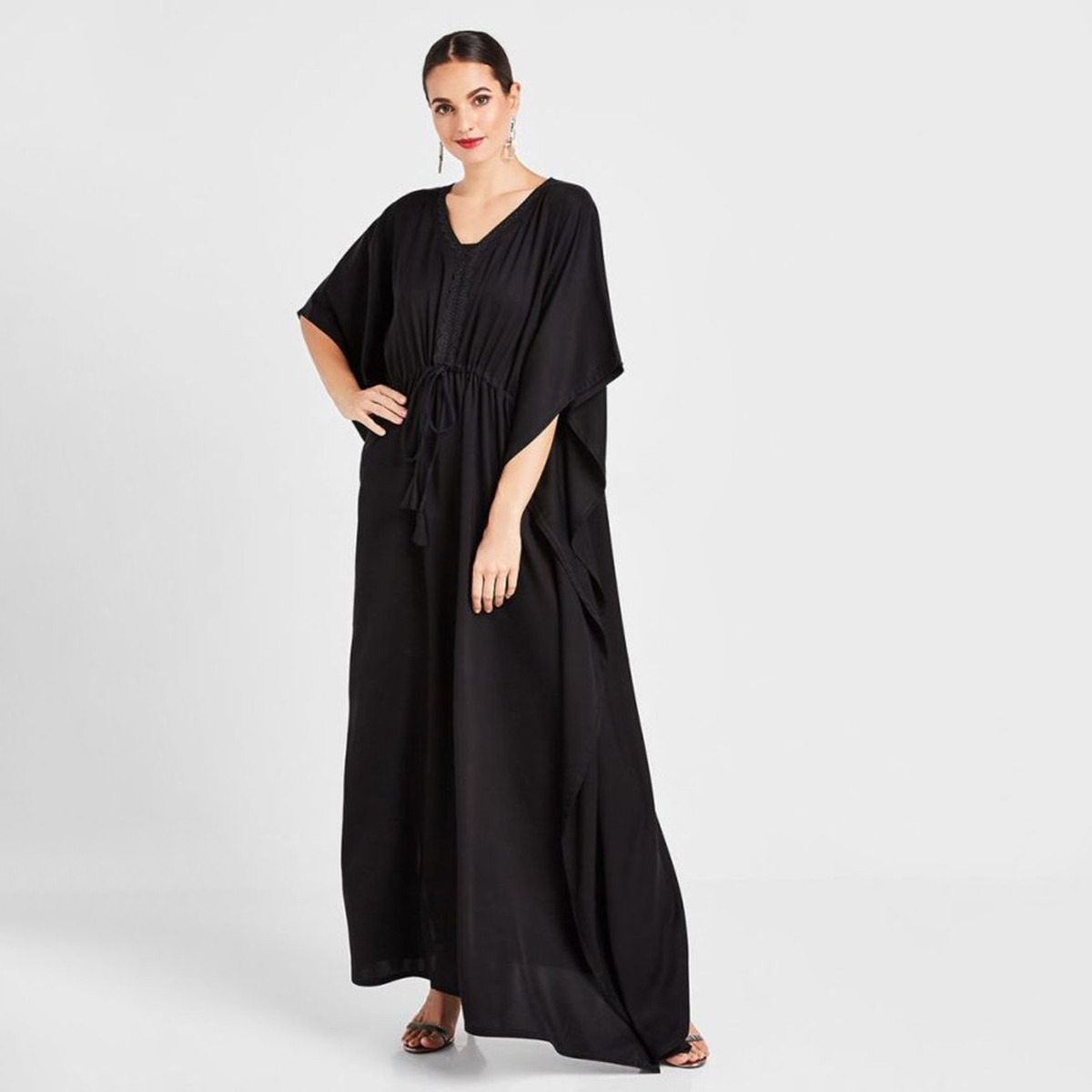 Nukhbaa Solid Abaya with V-neck and Short Sleeves-women-arabicclothing-abayas-image-1
