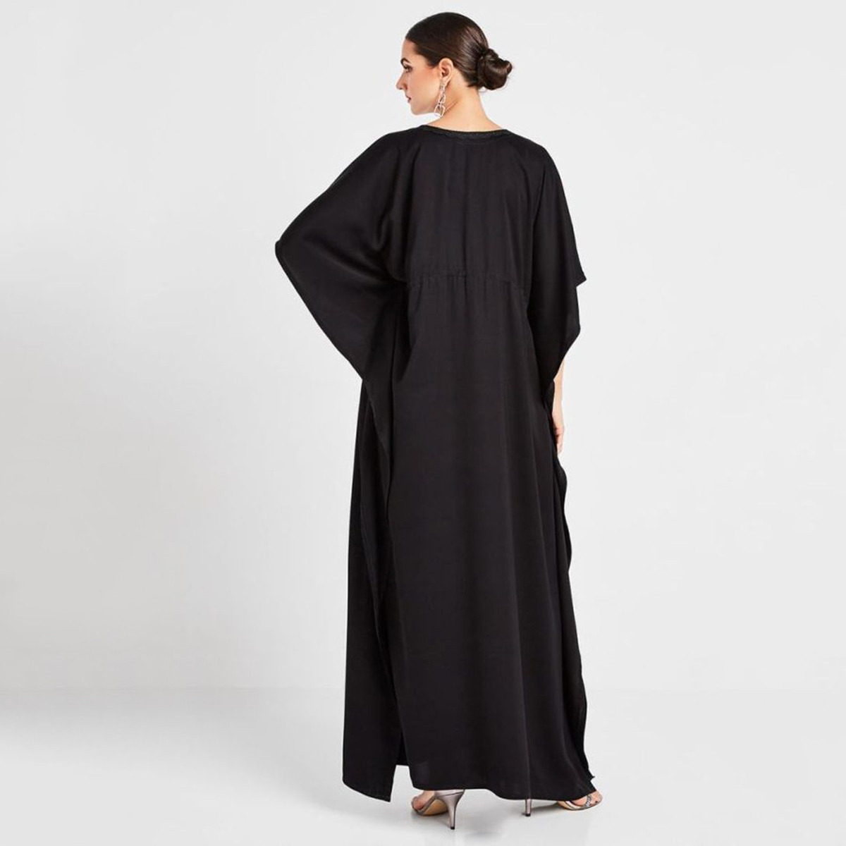 Nukhbaa Solid Abaya with V-neck and Short Sleeves-women-arabicclothing-abayas-image-2