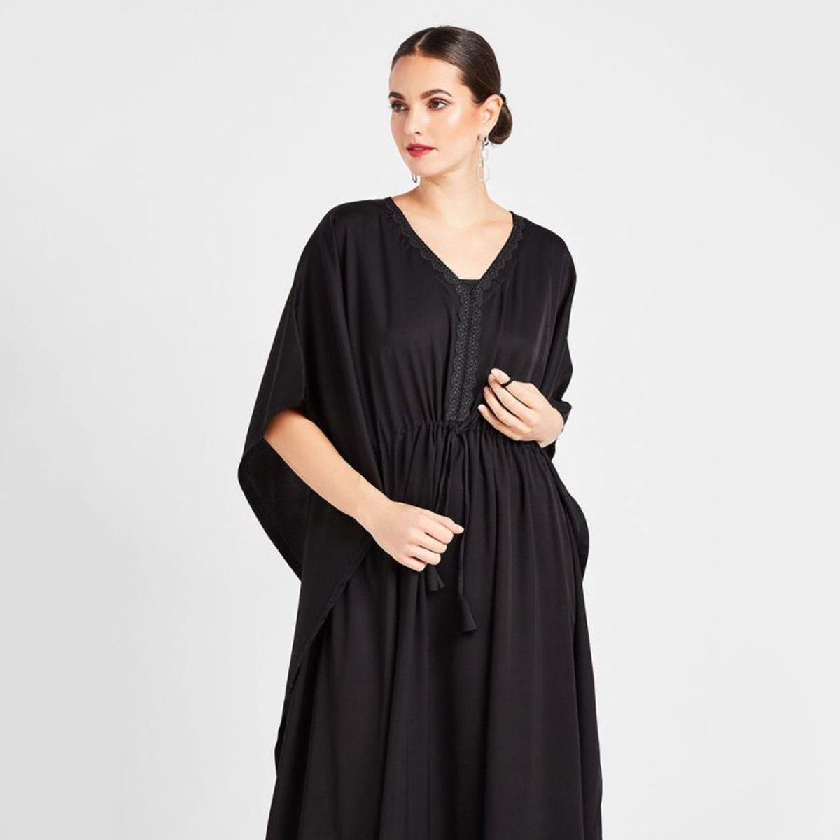 Nukhbaa Solid Abaya with V-neck and Short Sleeves-women-arabicclothing-abayas-image-3