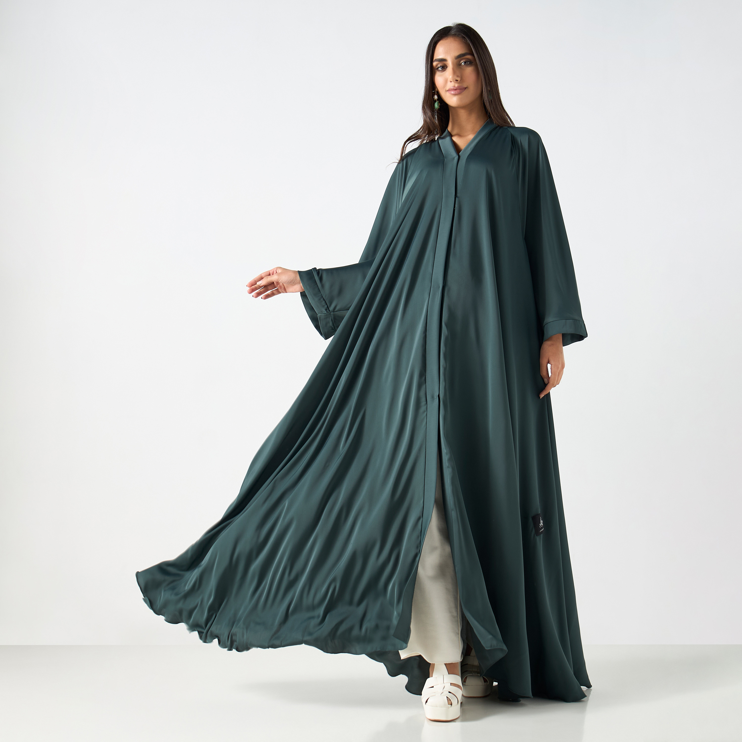 Flared Abaya with Tie-Up Waist and Hijab-women-arabicclothing-abayas-image-1