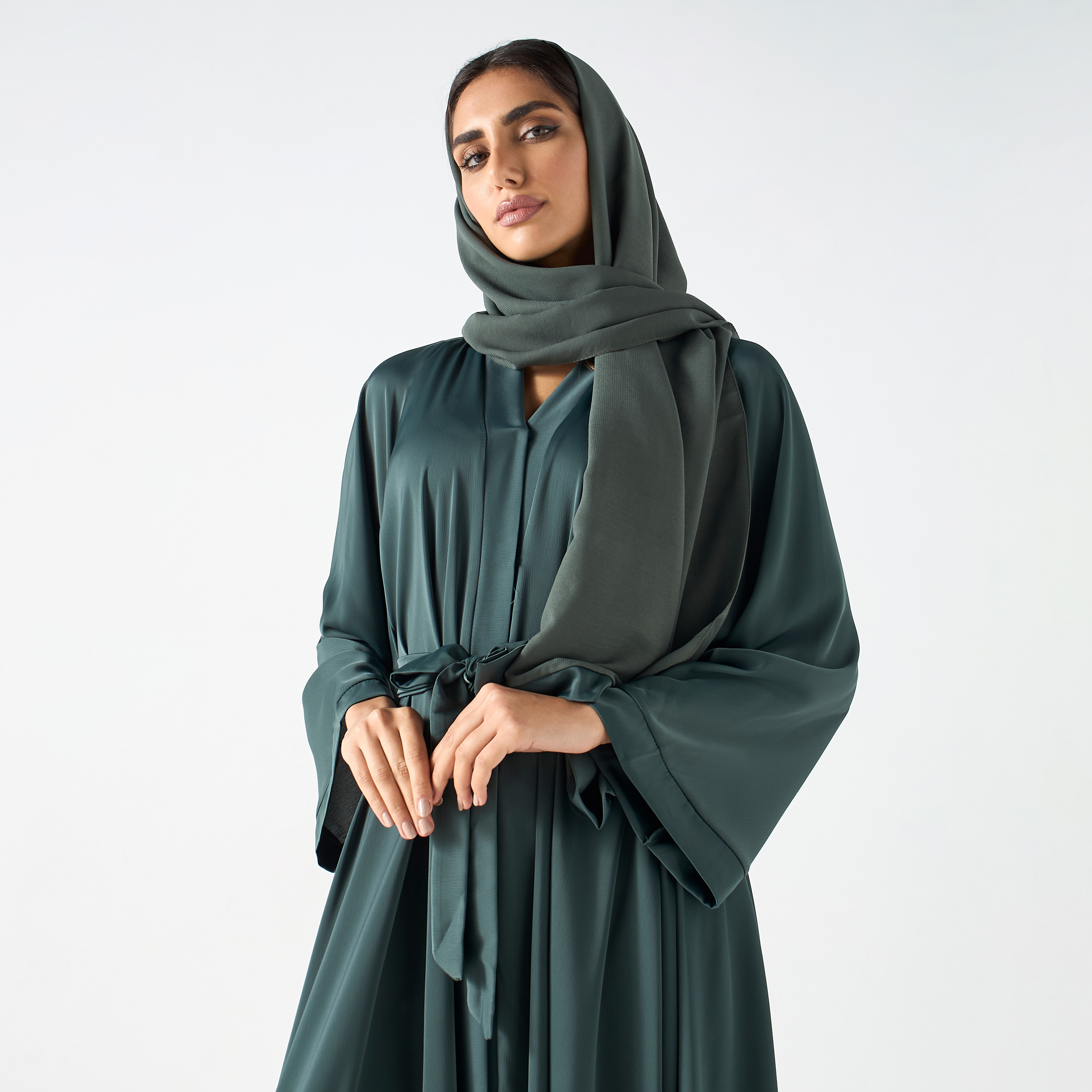 Flared Abaya with Tie-Up Waist and Hijab-women-arabicclothing-abayas-image-2