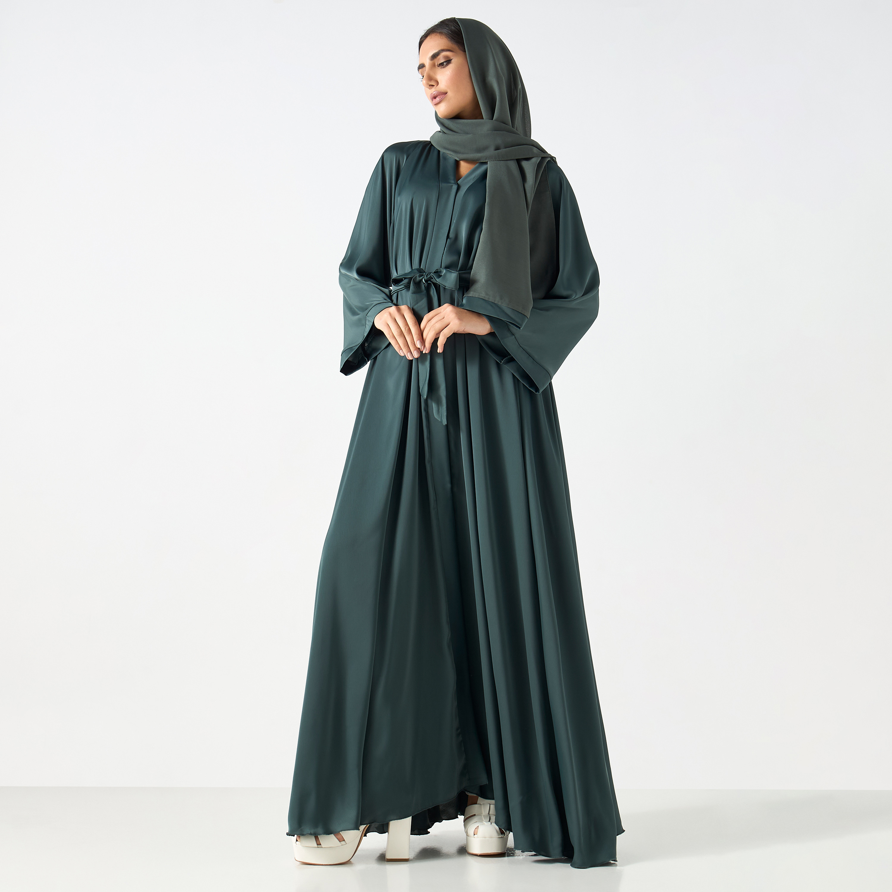 Flared Abaya with Tie-Up Waist and Hijab-women-arabicclothing-abayas-image-4